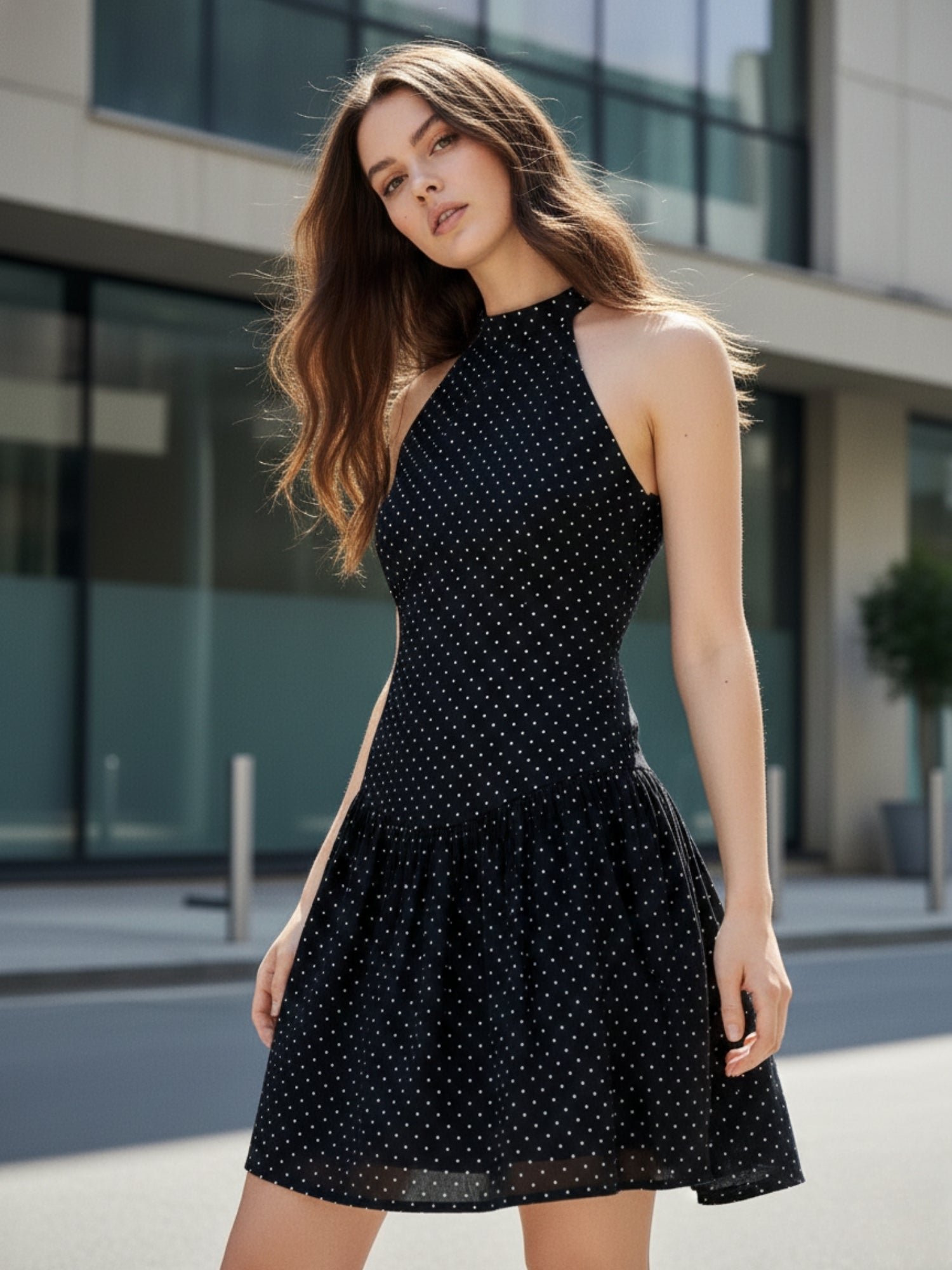 Black Polka-Dot Ruffled Mini Dress