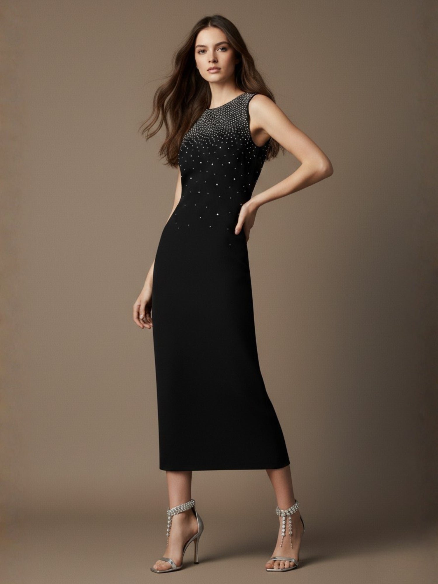 Black Round Neck Studded Midi Dress