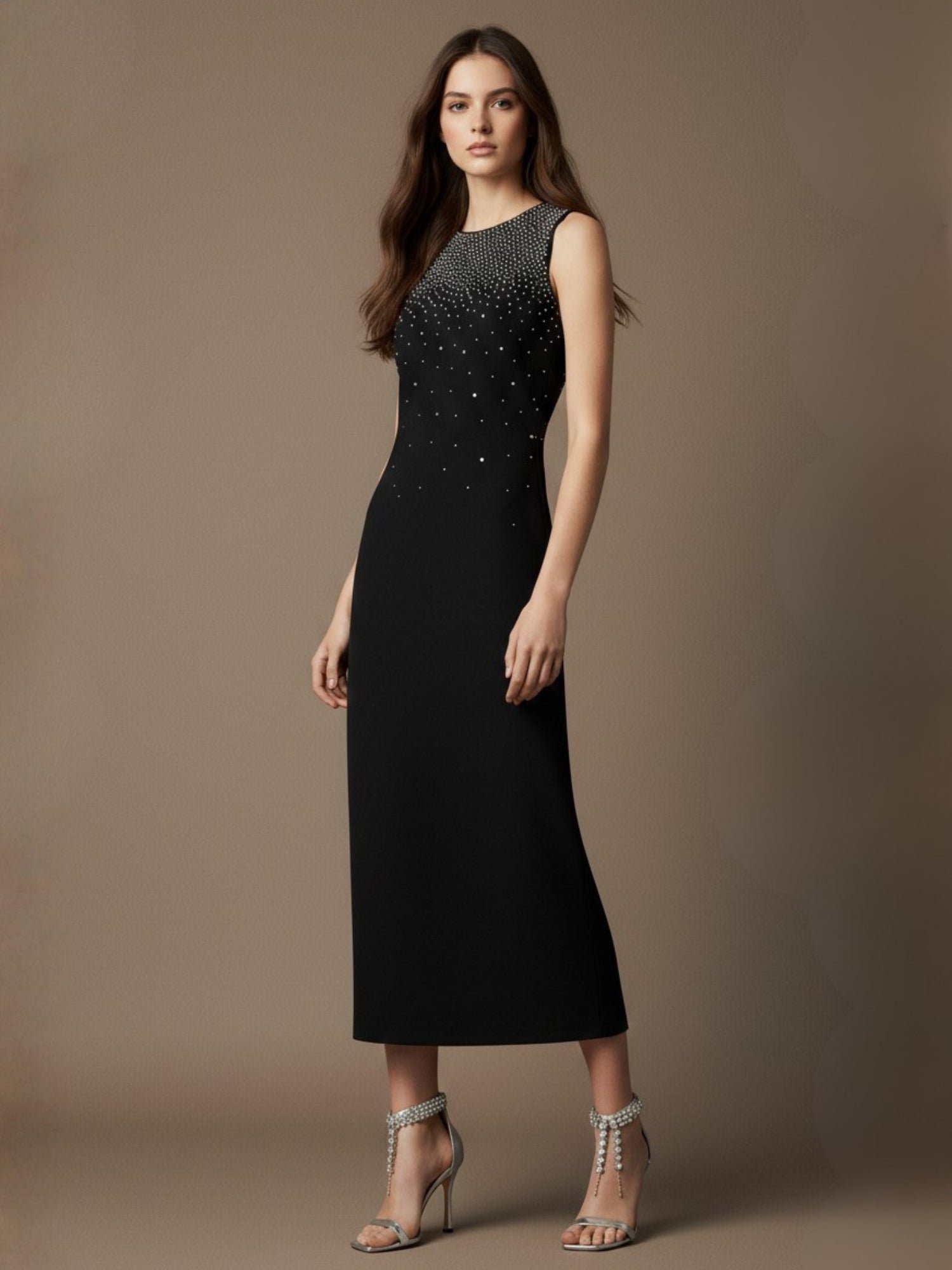 Black Round Neck Studded Midi Dress