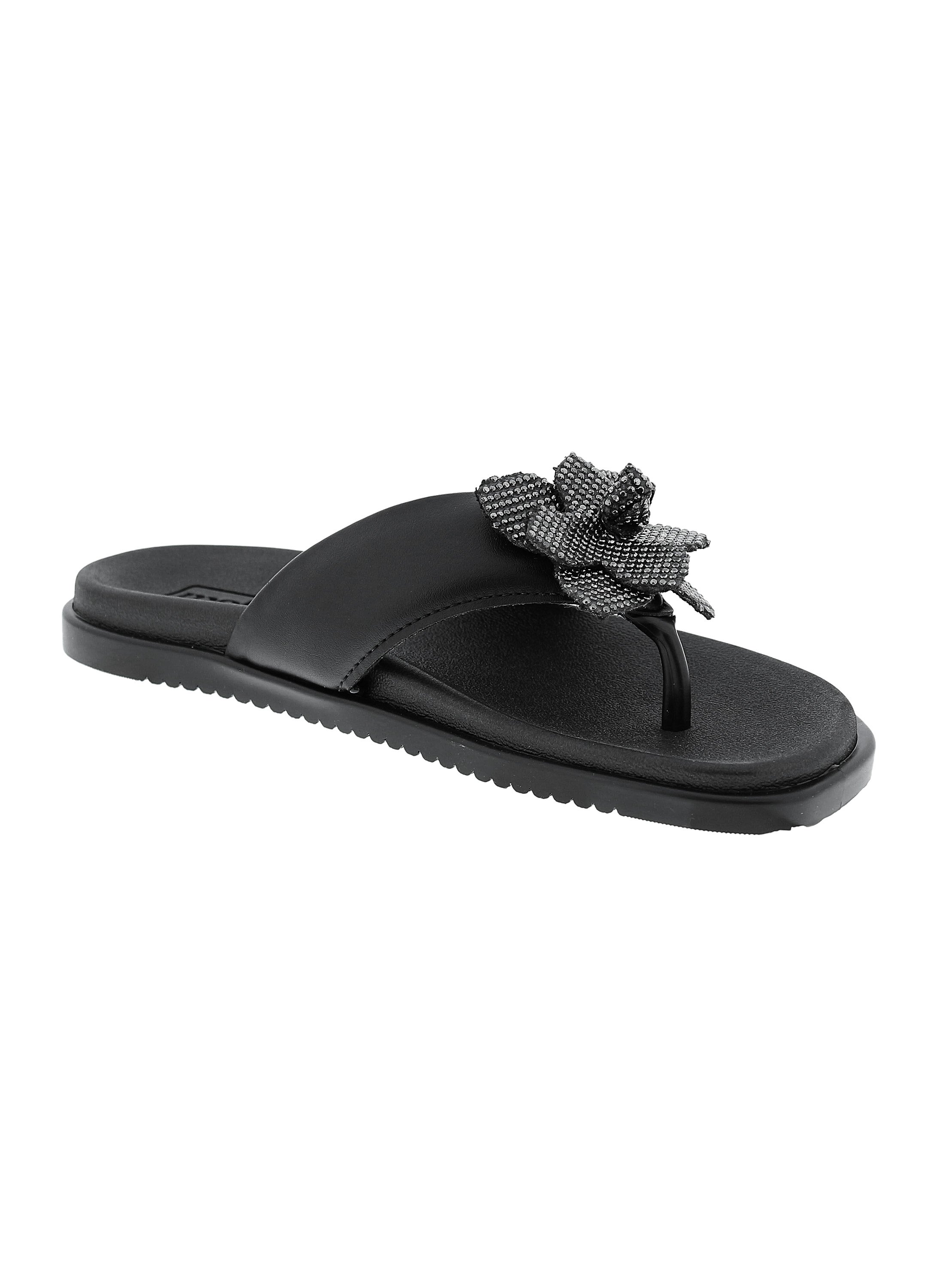 Black Flower Detail Thong Toe Flat Sandals 