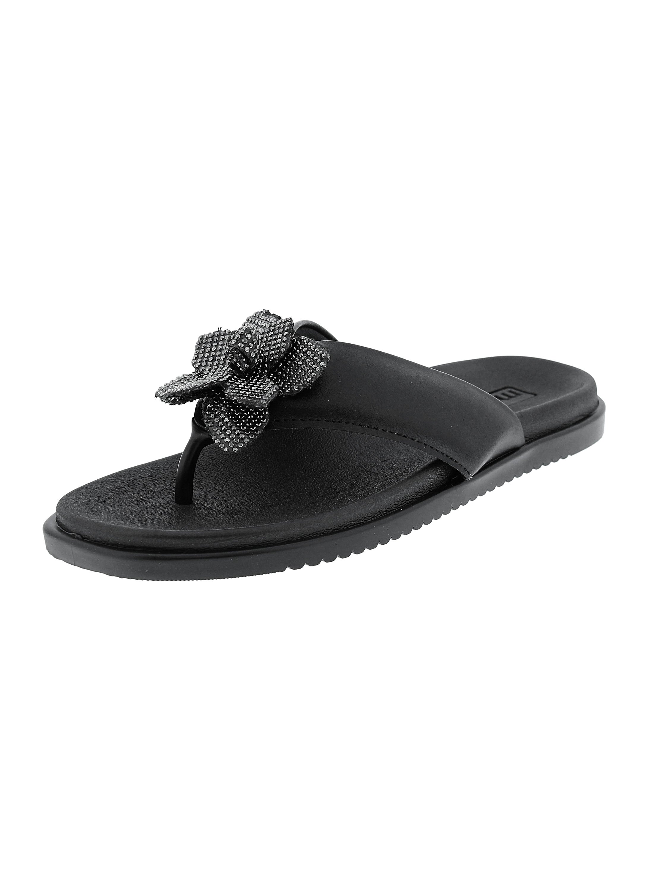 Black Flower Detail Thong Toe Flat Sandals 