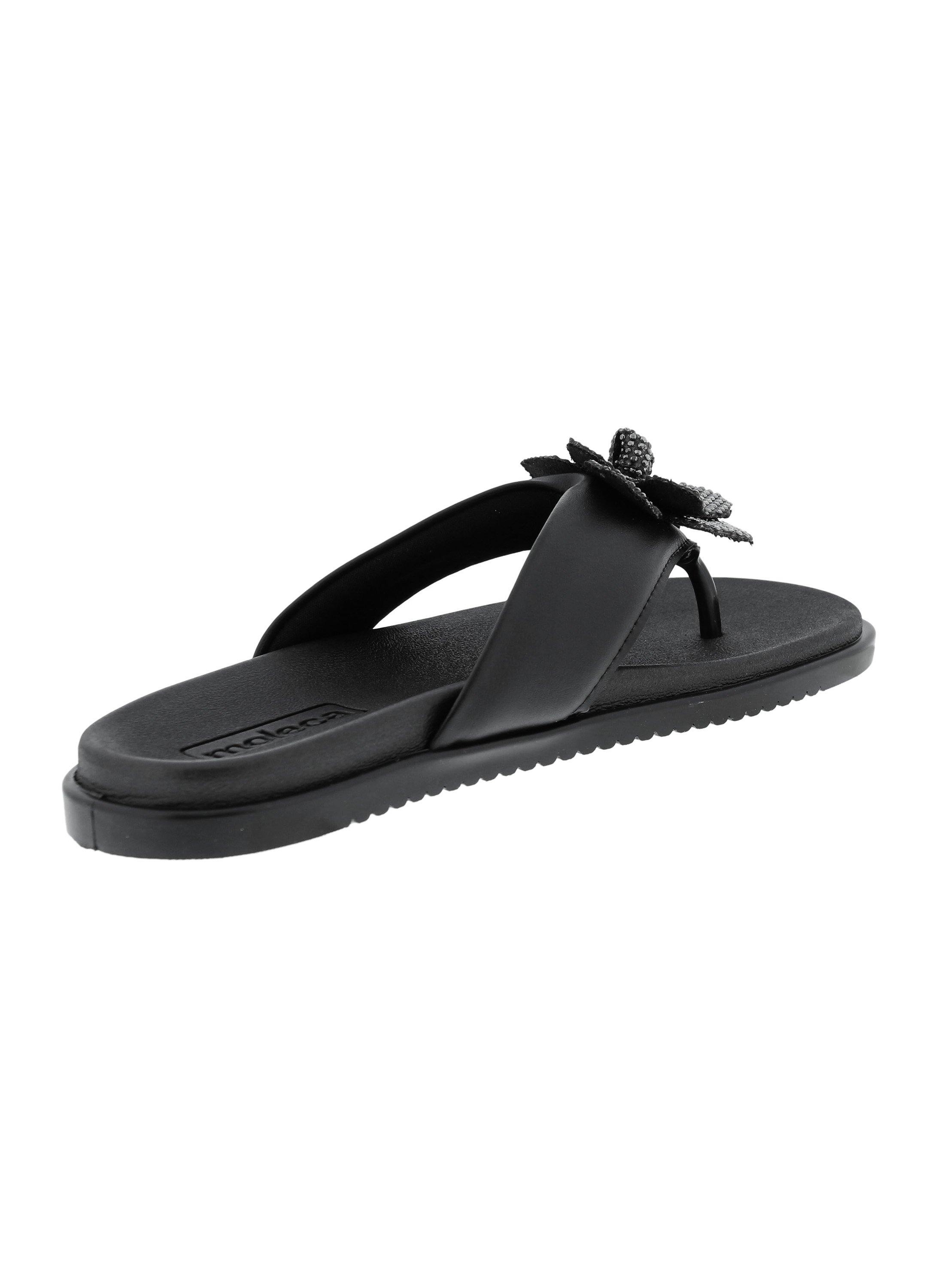 Black Flower Detail Thong Toe Flat Sandals 