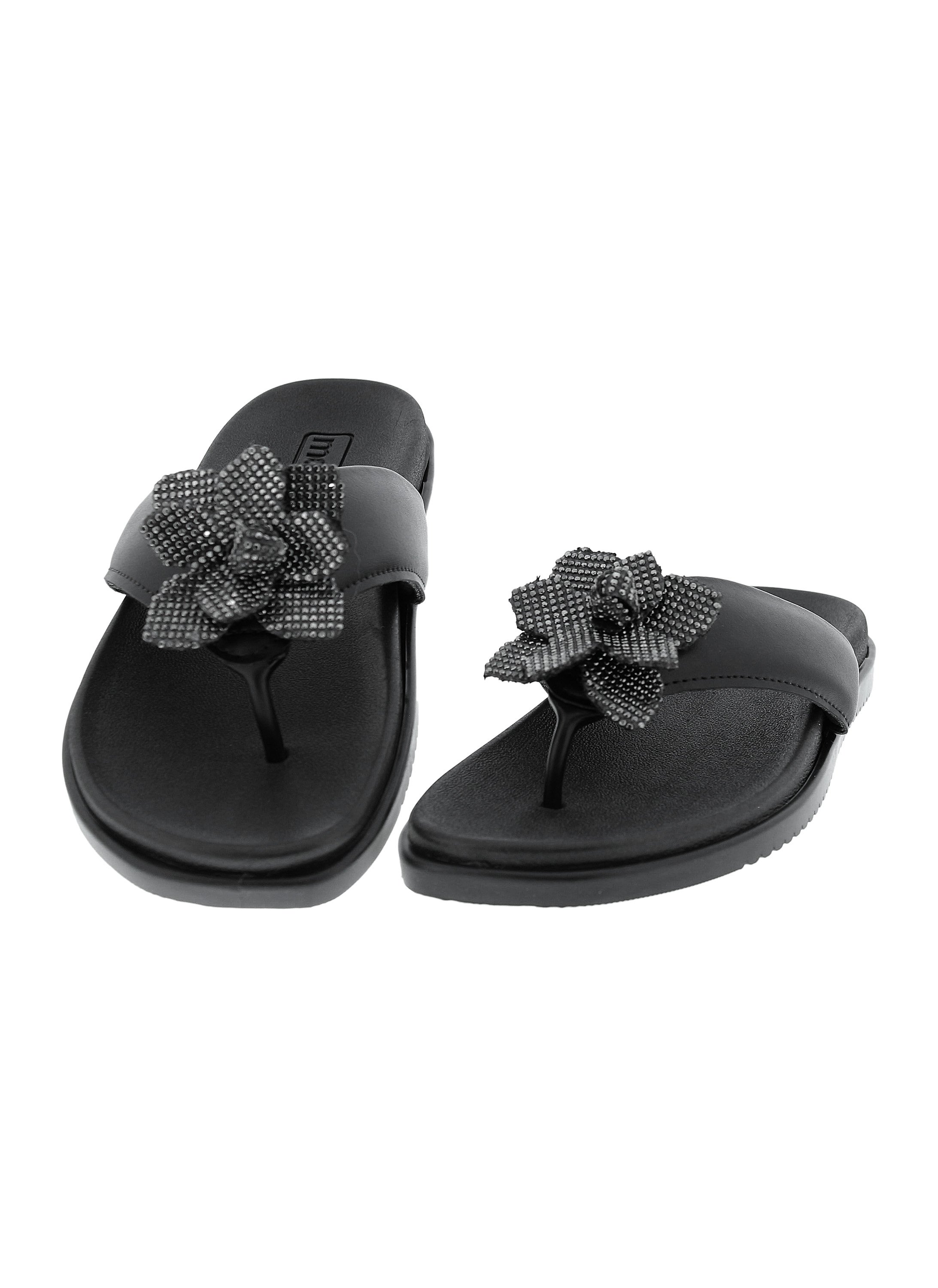 Black Flower Detail Thong Toe Flat Sandals 