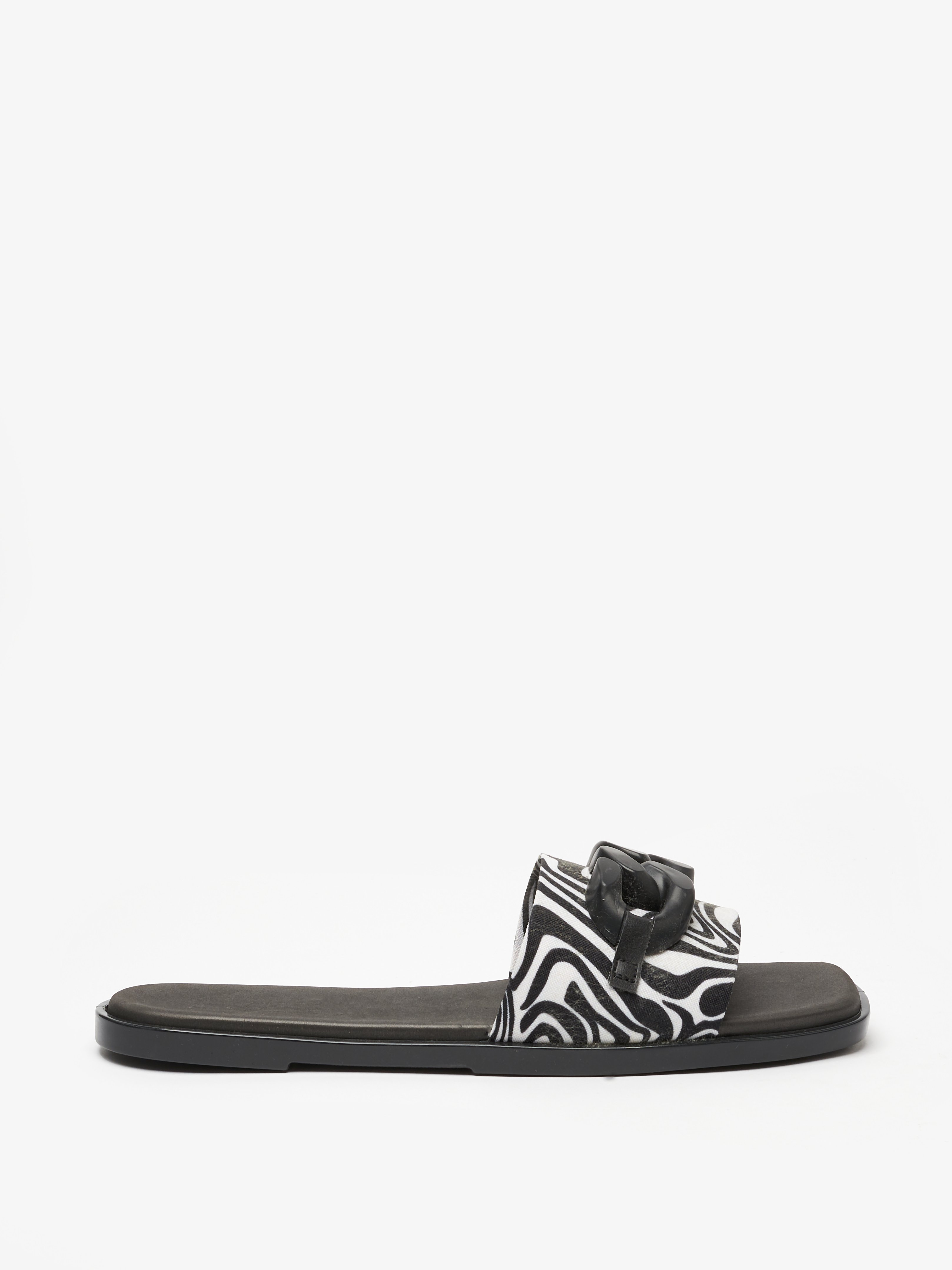 Black Kaydence Printed Flat Sandals with Chain Trim