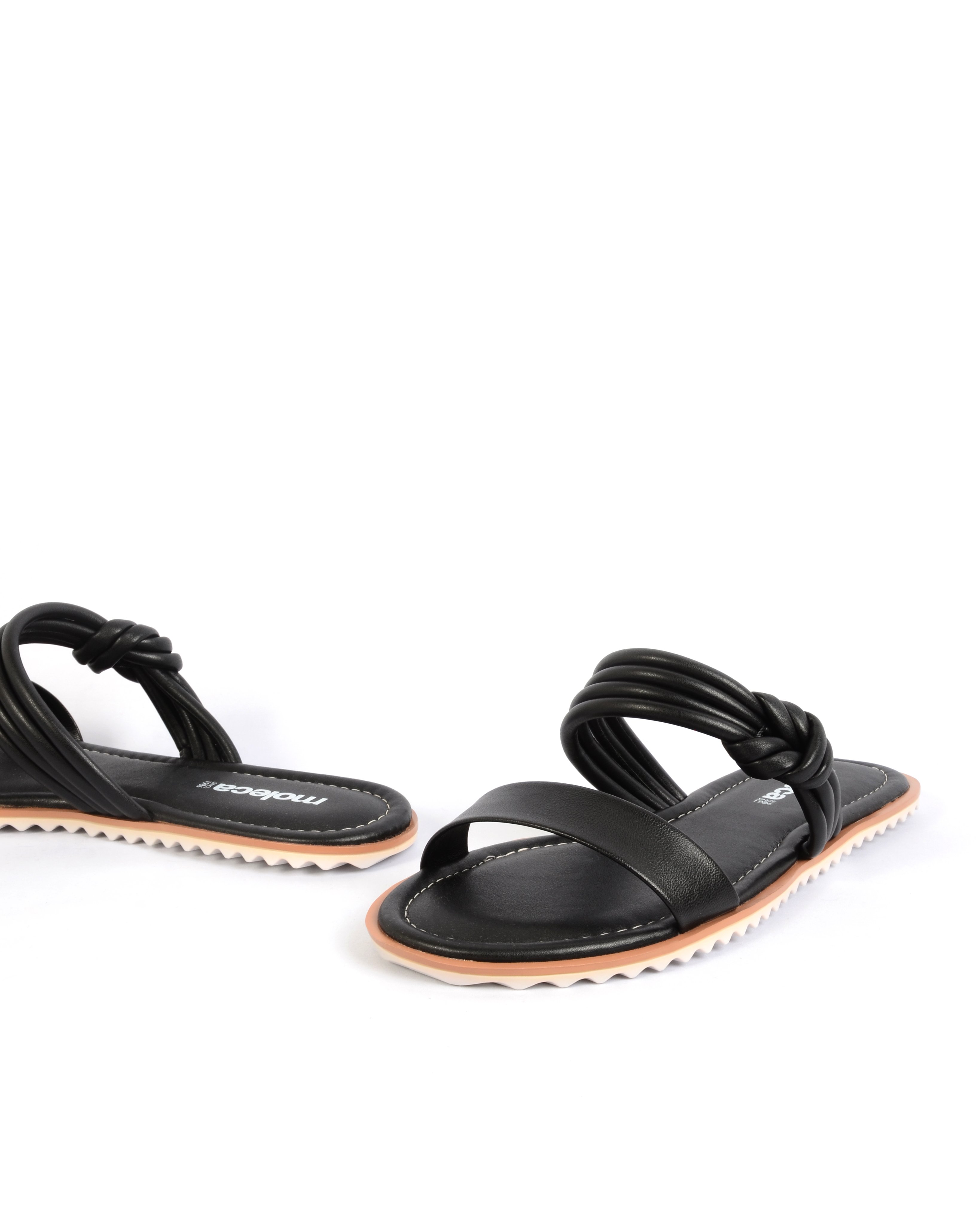 Black Multi Strap Flat Sandals with Braided Detail