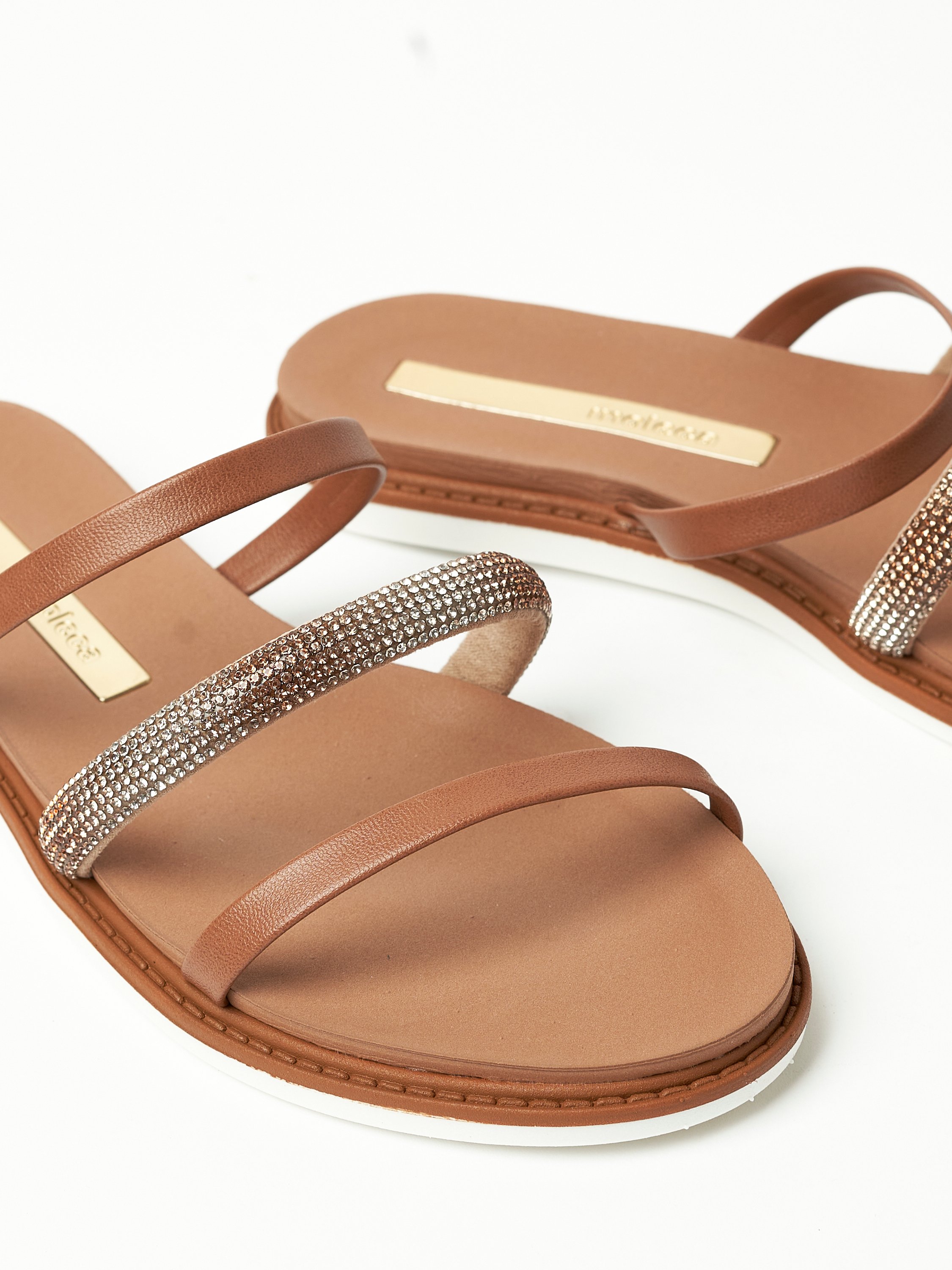 Brown Flat Sandals with Embellished Straps