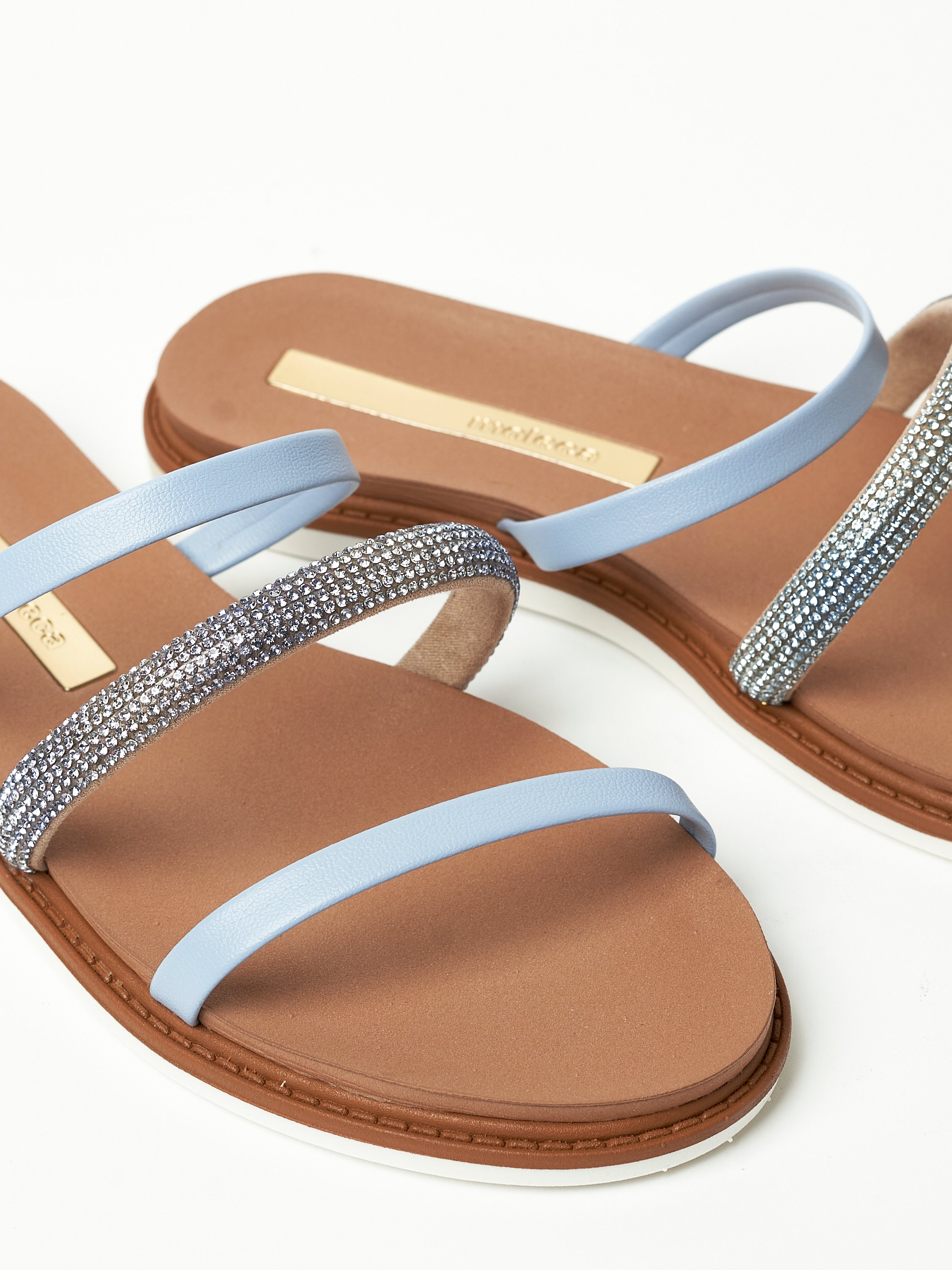 Navy Blue Flat Sandals with Crystal Straps