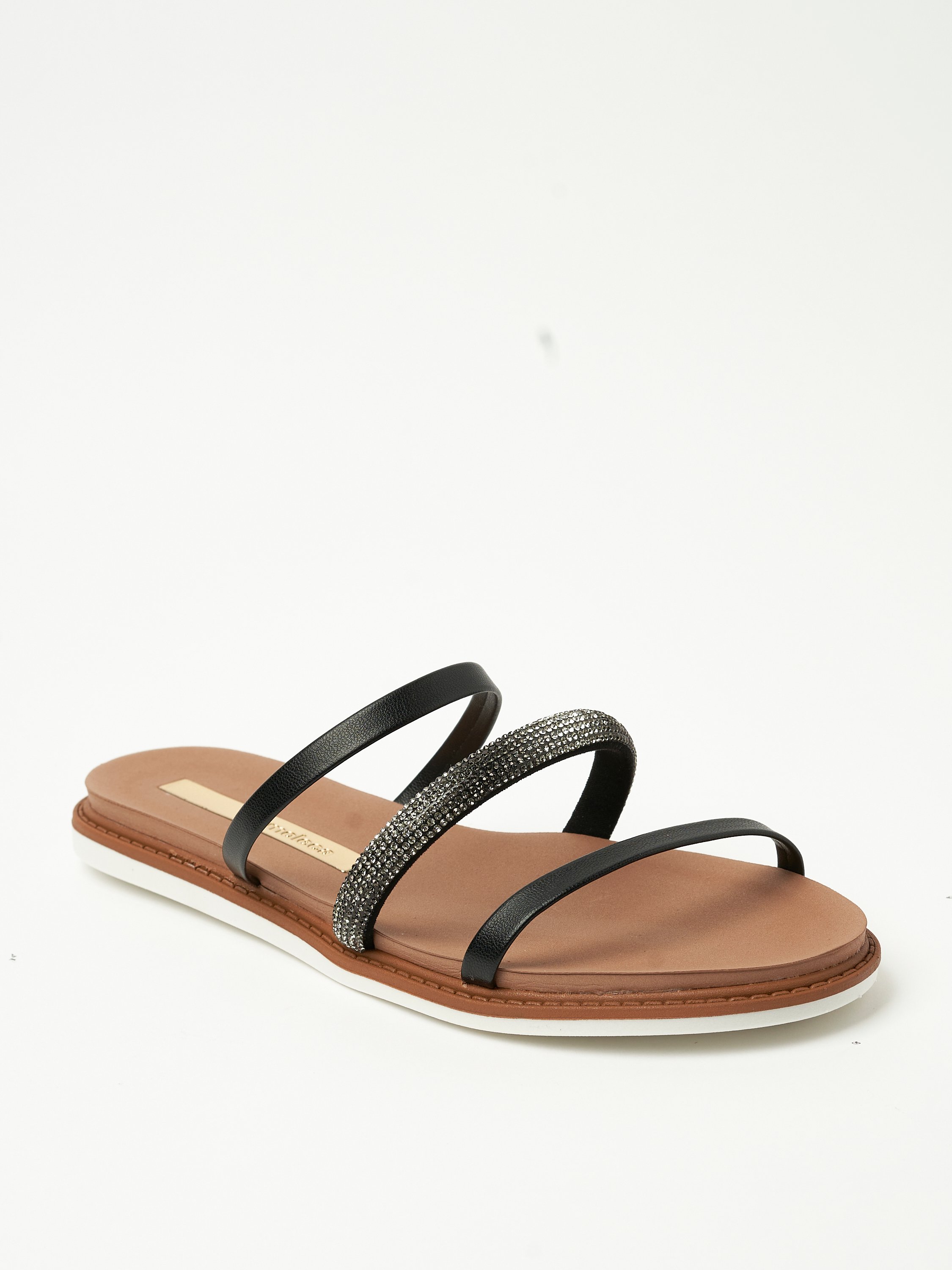 Black Flat Sandals - Rhinestone Embellished Comfort