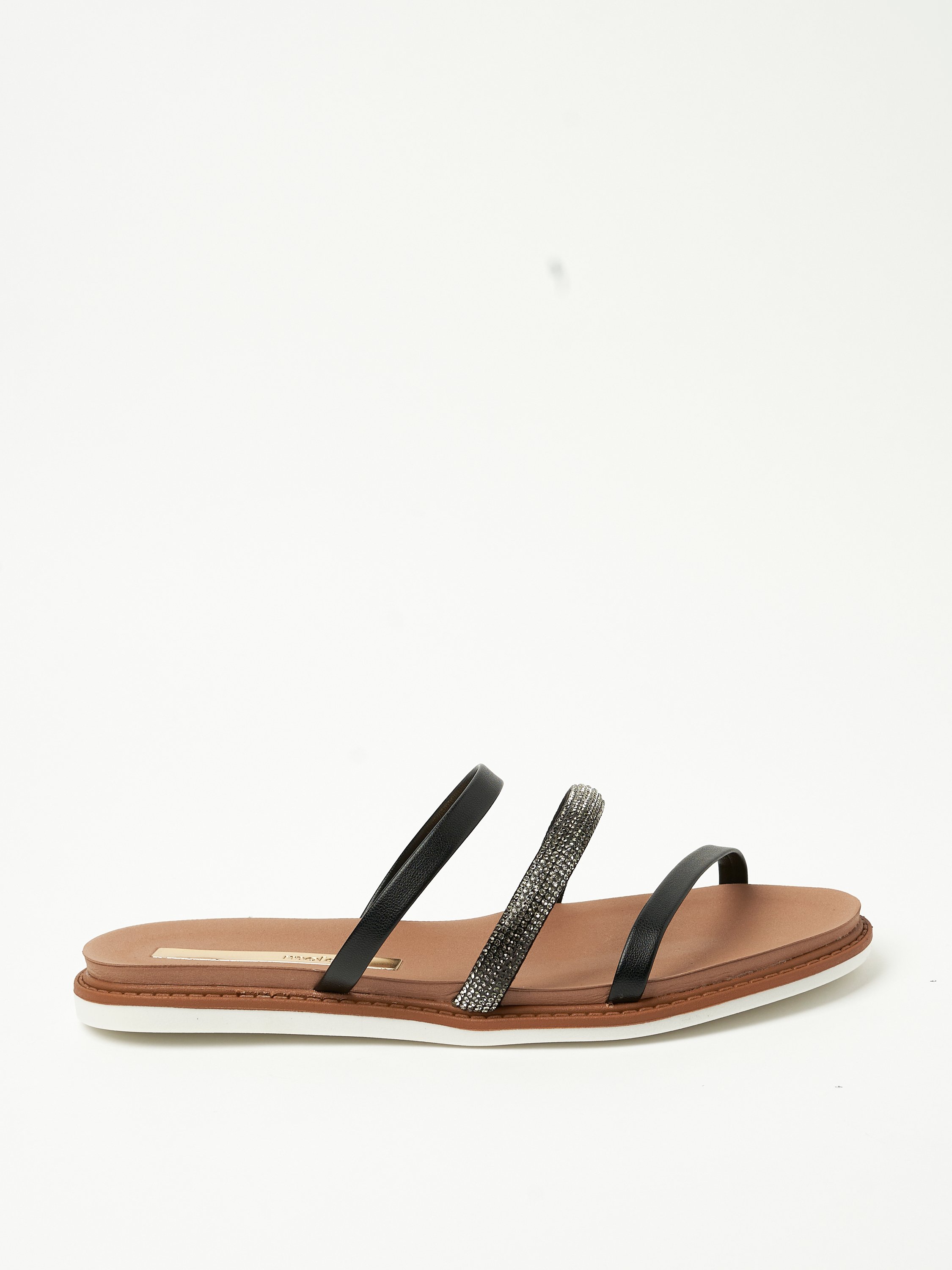 Black Flat Sandals - Rhinestone Embellished Comfort