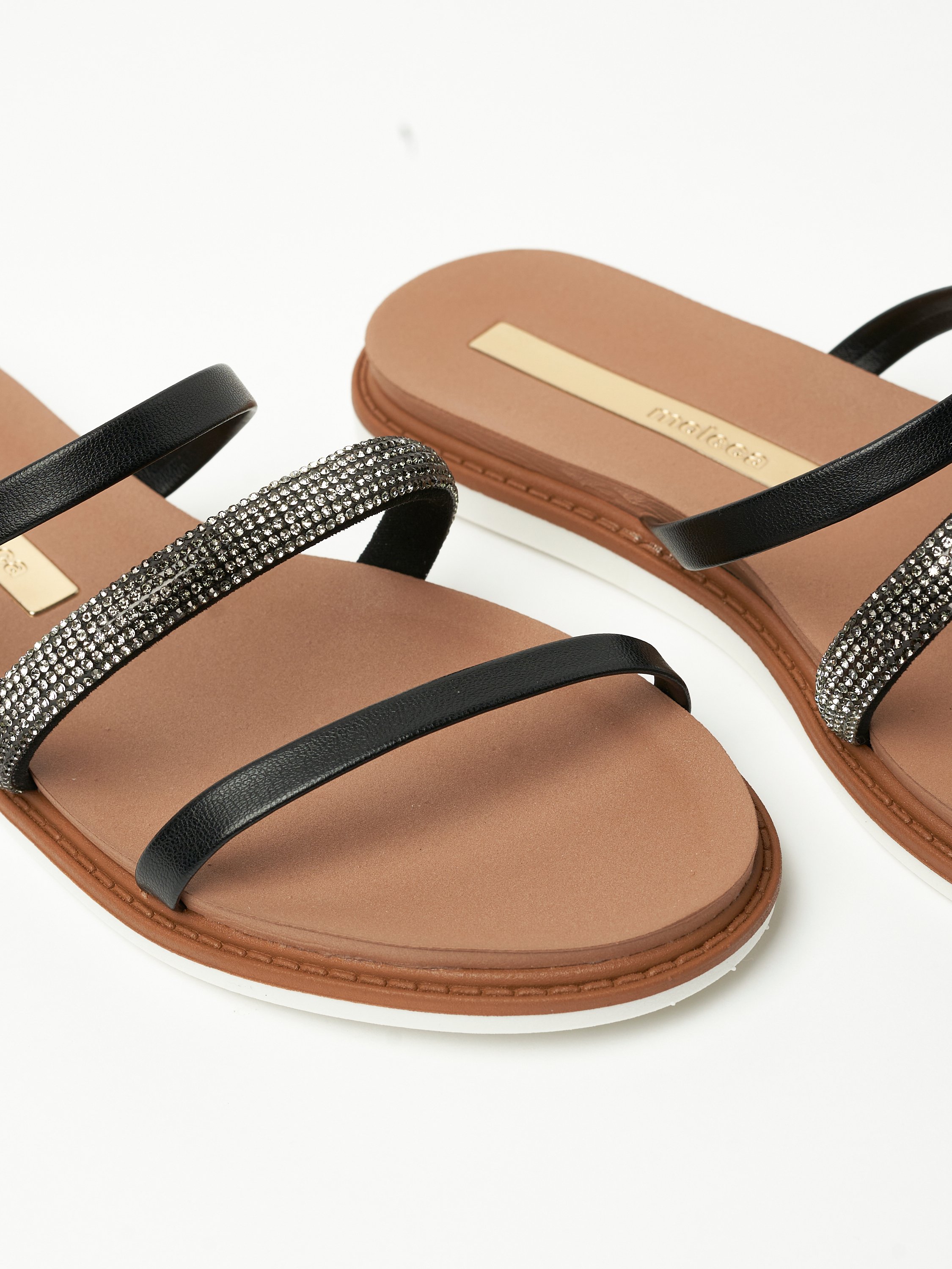 Black Flat Sandals - Rhinestone Embellished Comfort