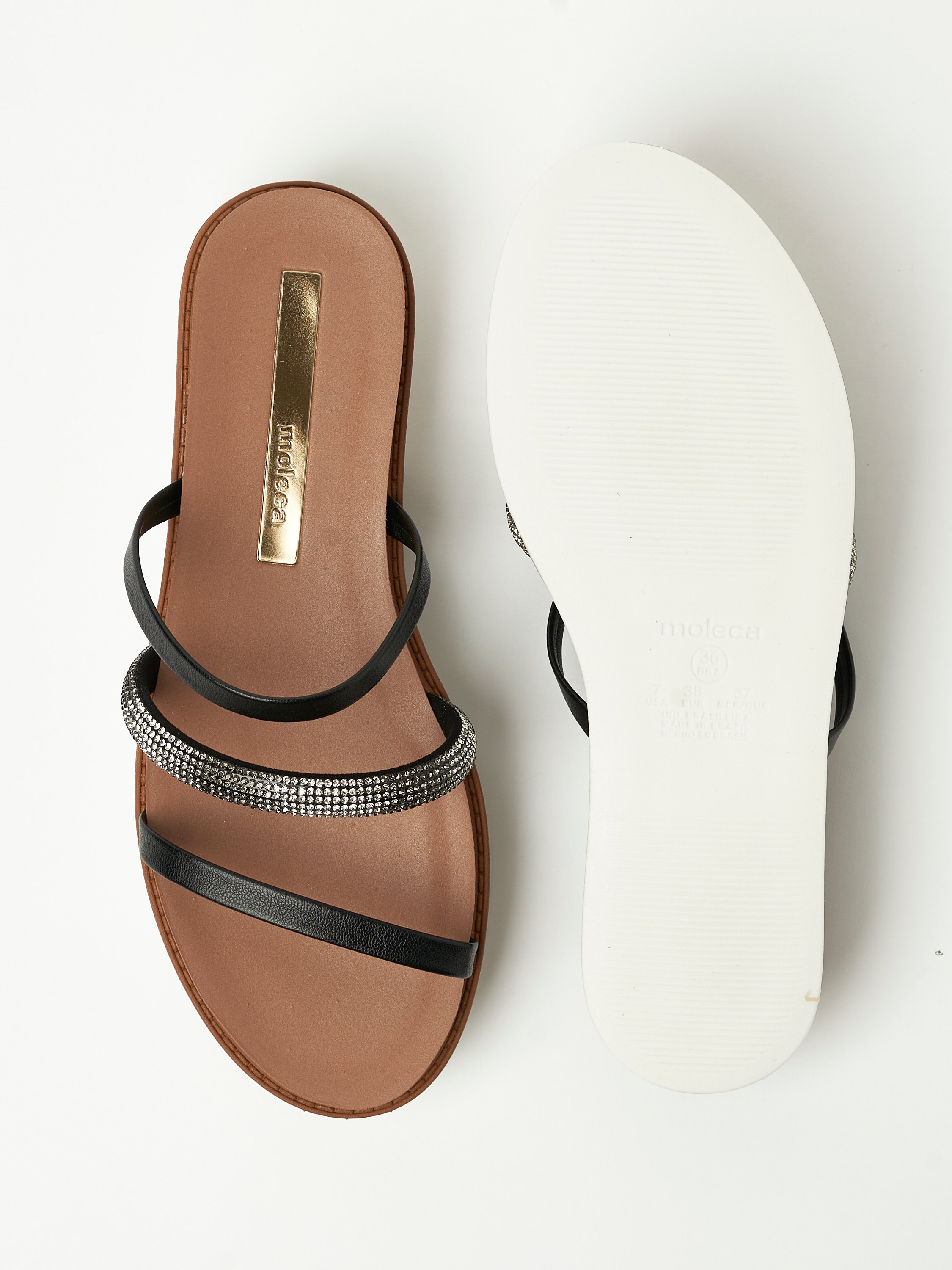 Black Flat Sandals - Rhinestone Embellished Comfort