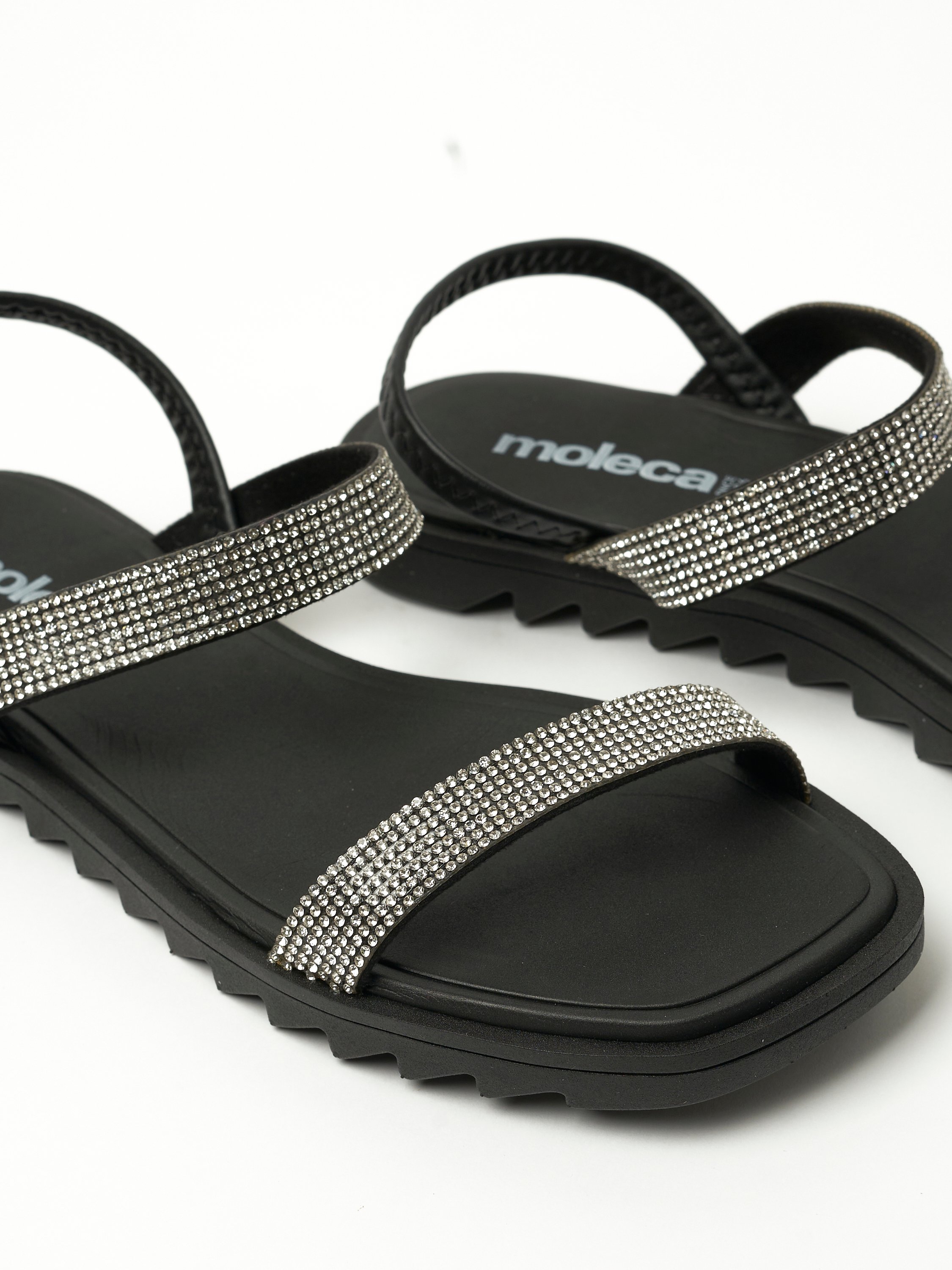 Sparkle Black Flat Sandals - Rhinestone Embellished Comfort