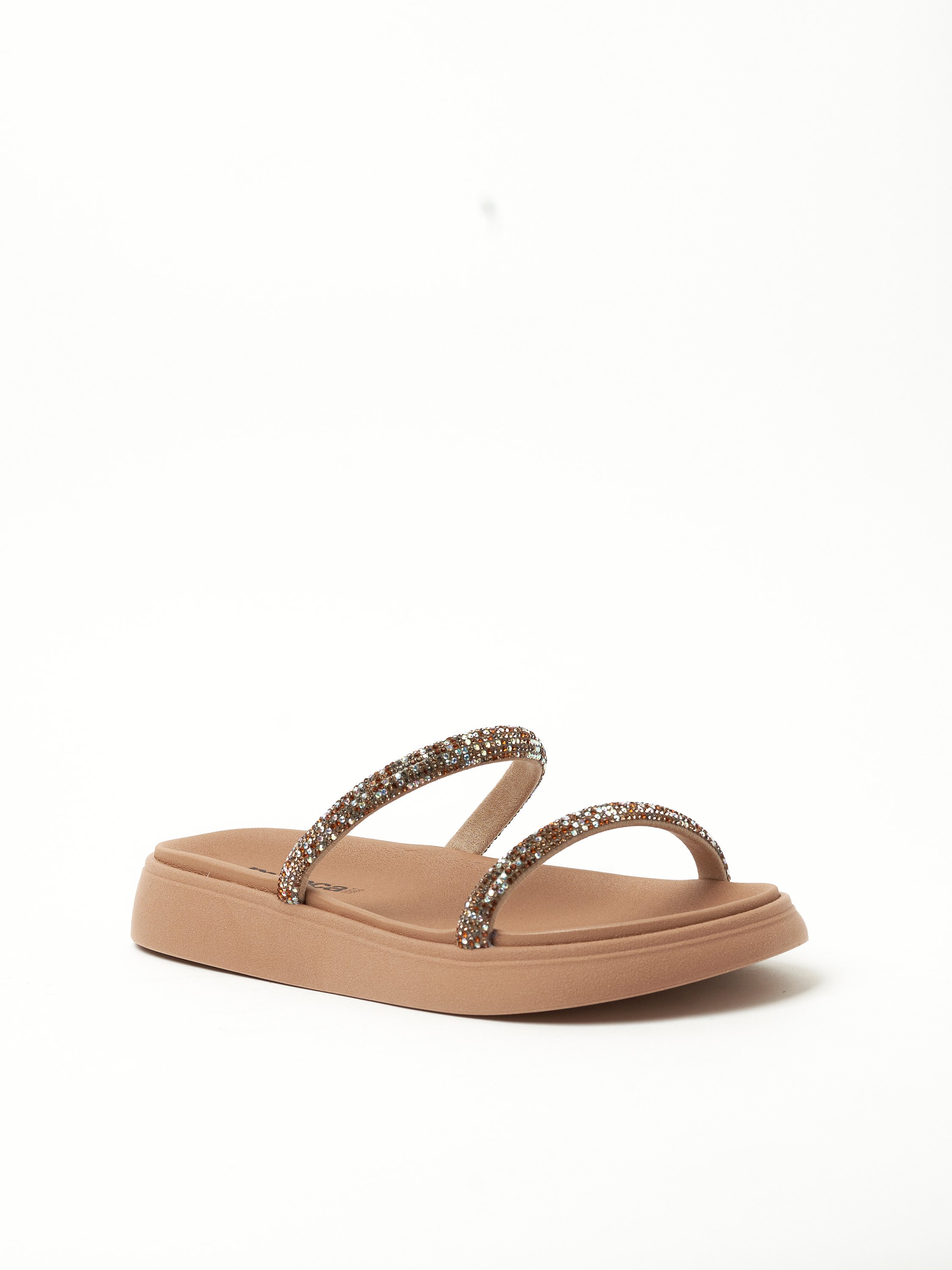 Beige Flat Sandals - Sparkle Slip-On Design