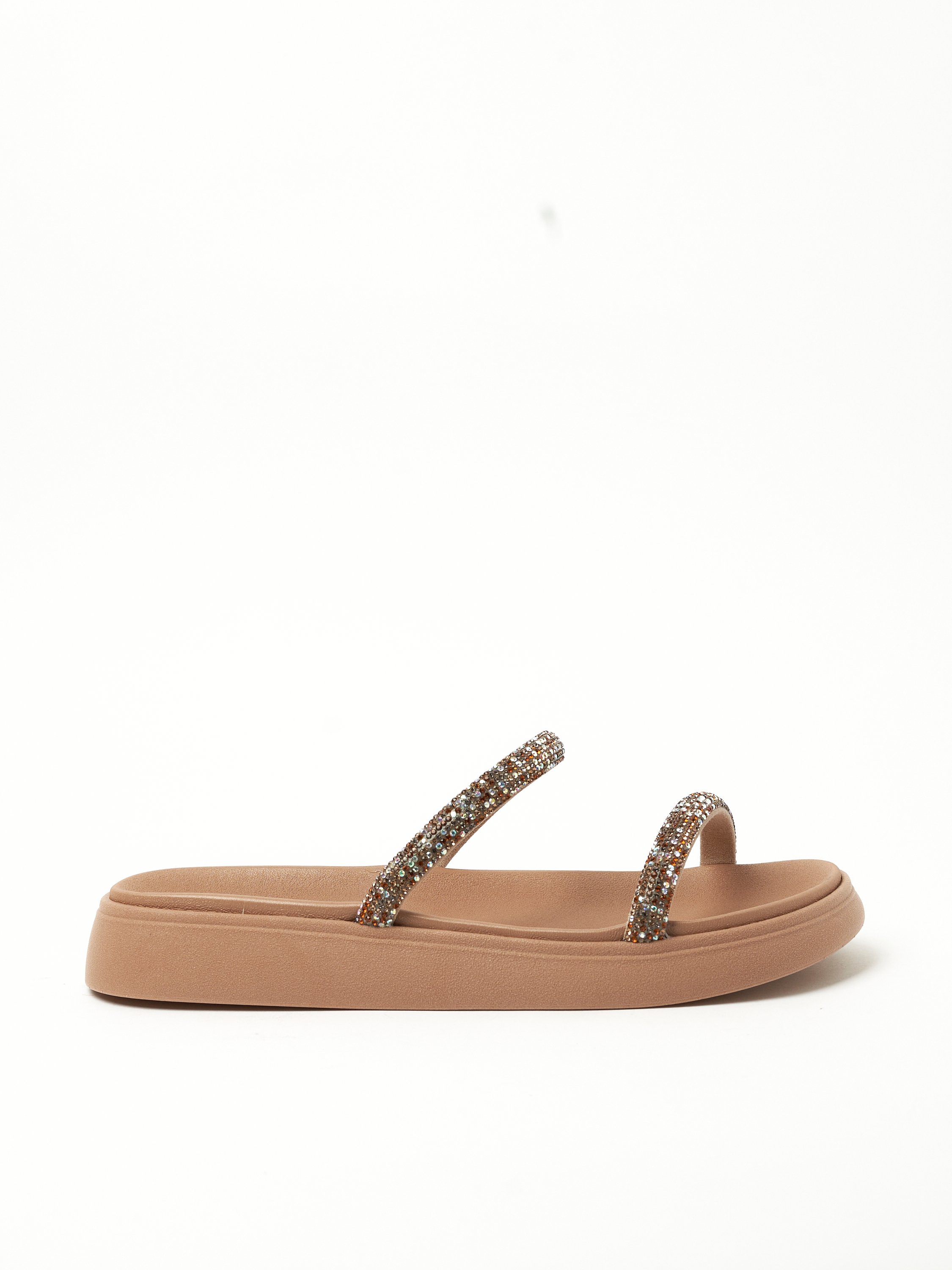 Beige Flat Sandals - Sparkle Slip-On Design