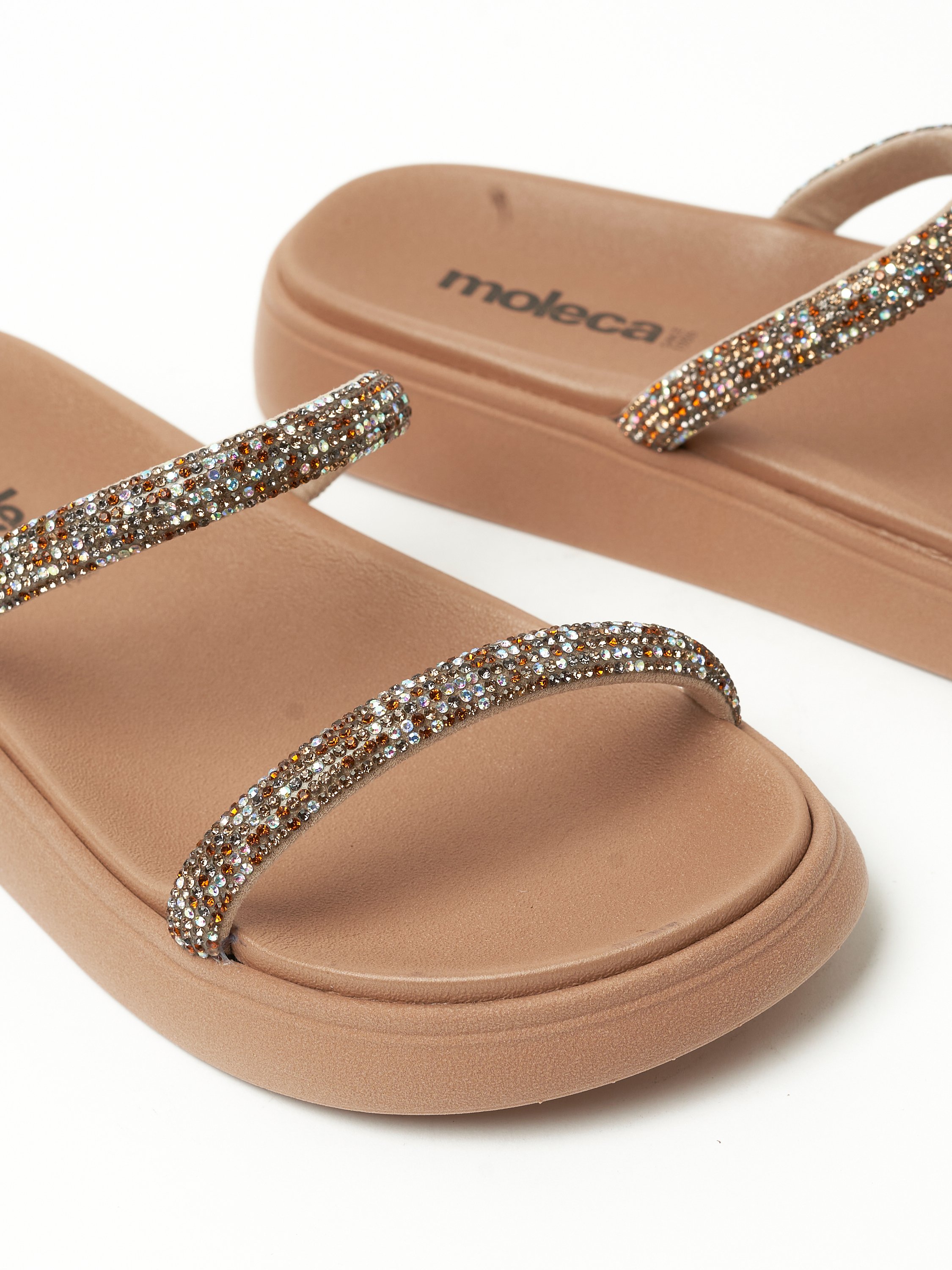 Beige Flat Sandals - Sparkle Slip-On Design