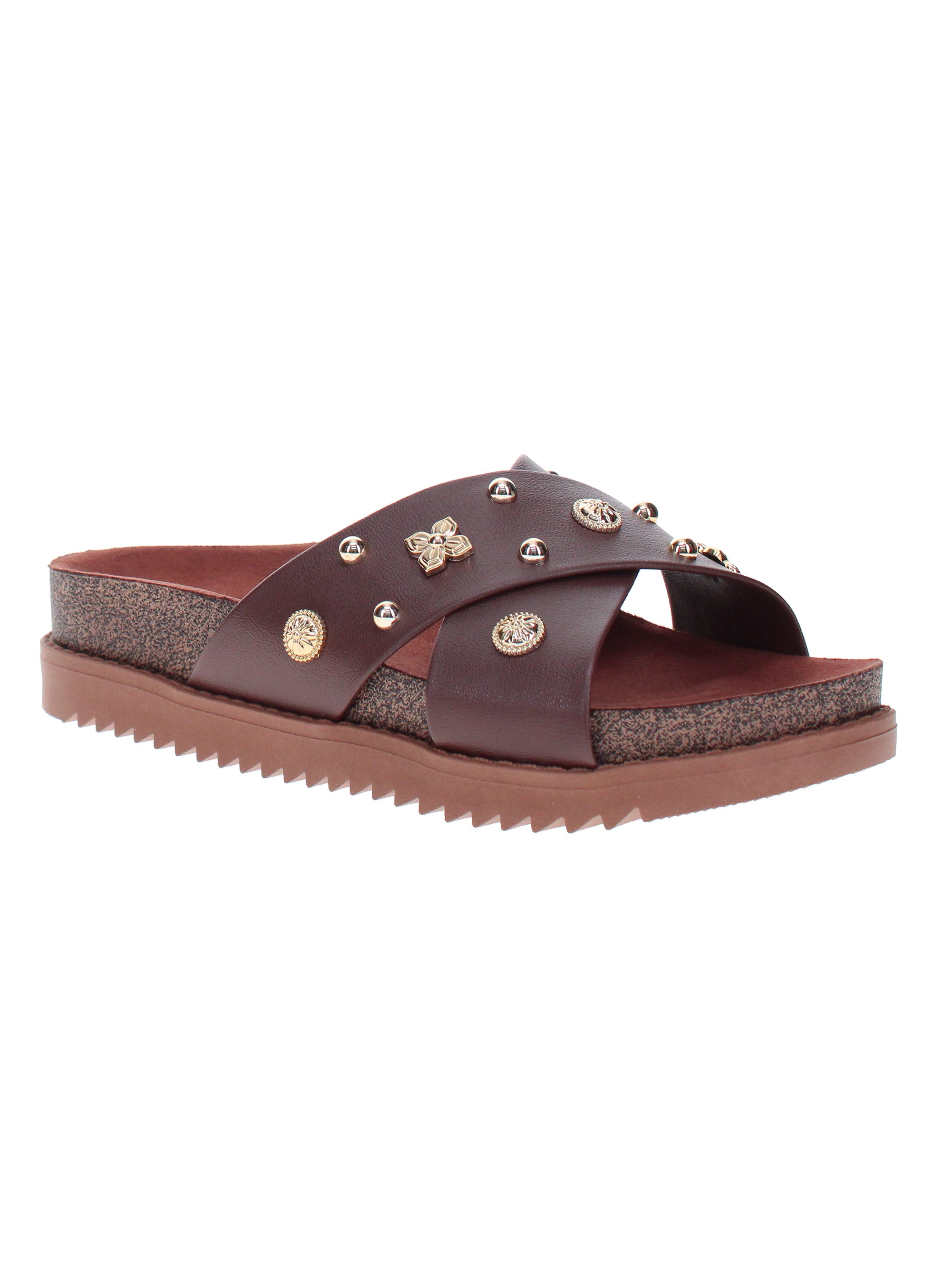 Brown Embellished Slip On Comfort Sandals