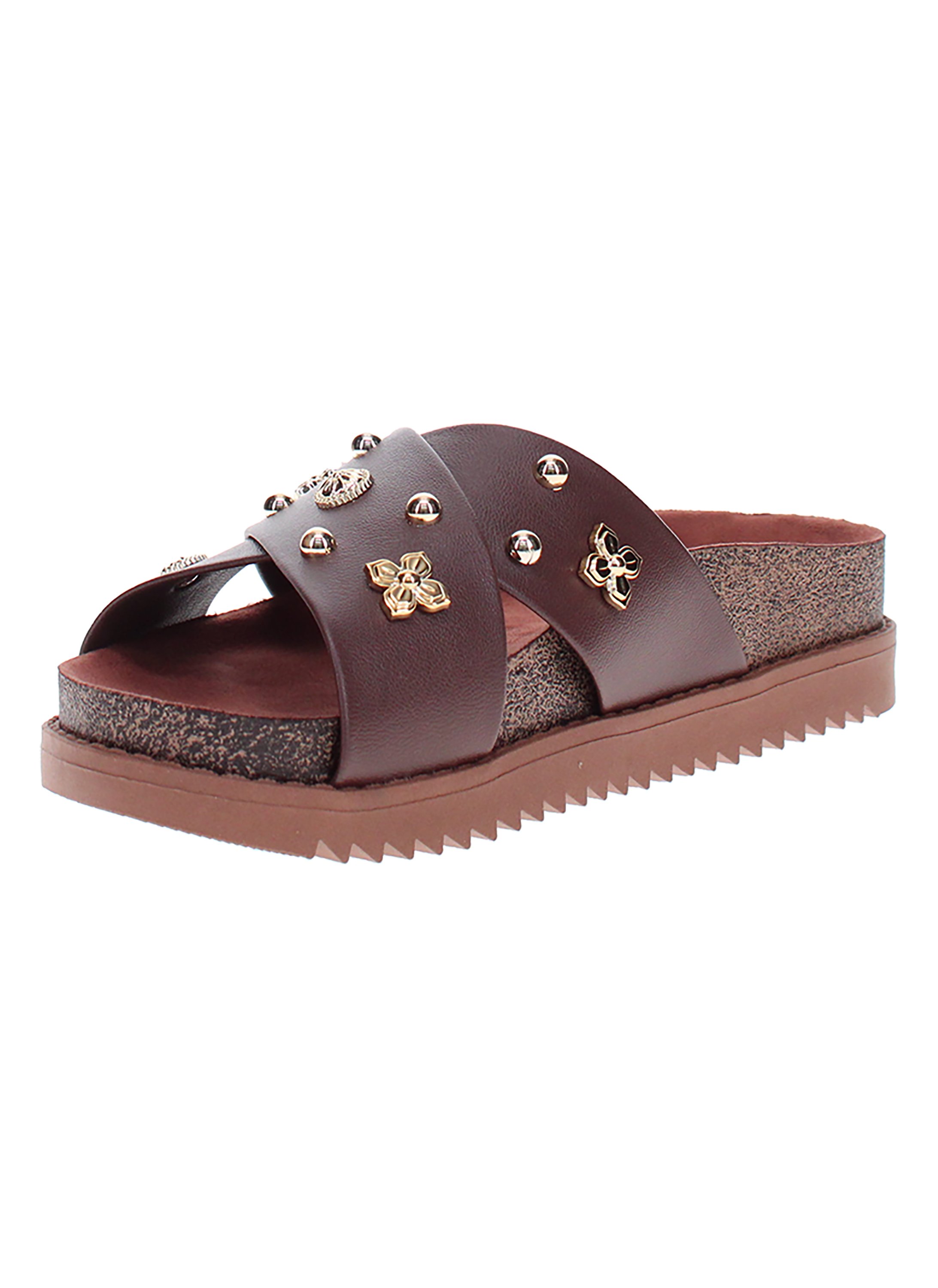 Brown Embellished Slip On Comfort Sandals