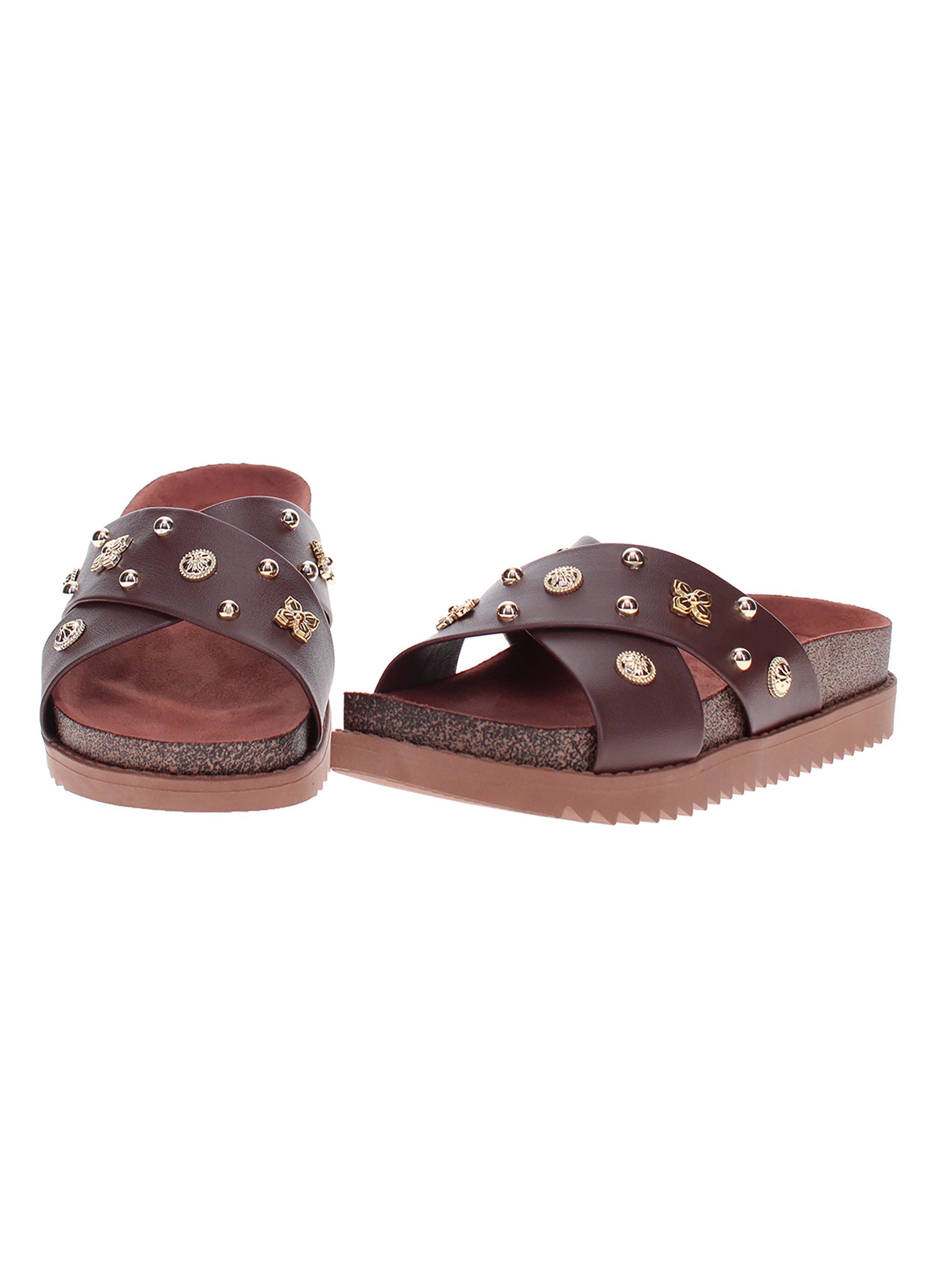 Brown Embellished Slip On Comfort Sandals