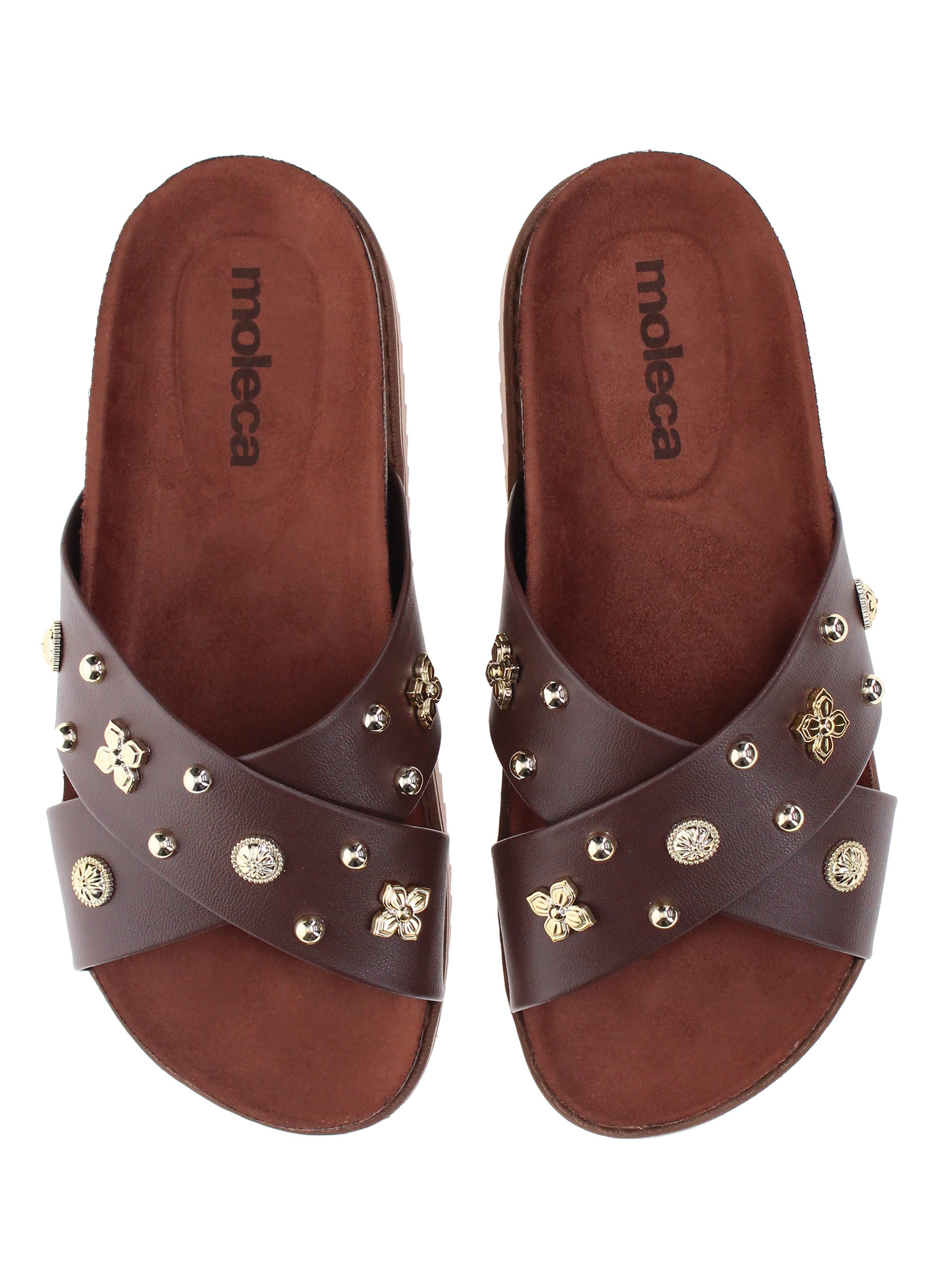 Brown Embellished Slip On Comfort Sandals