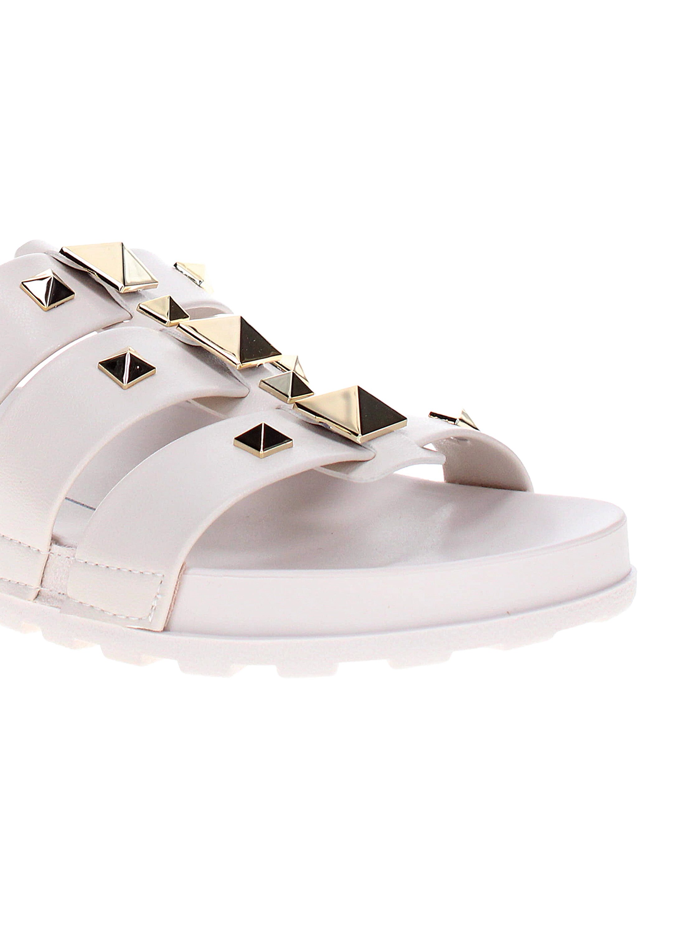 Off White Plain Strap Comfort Sandals with Pyramid Studs 