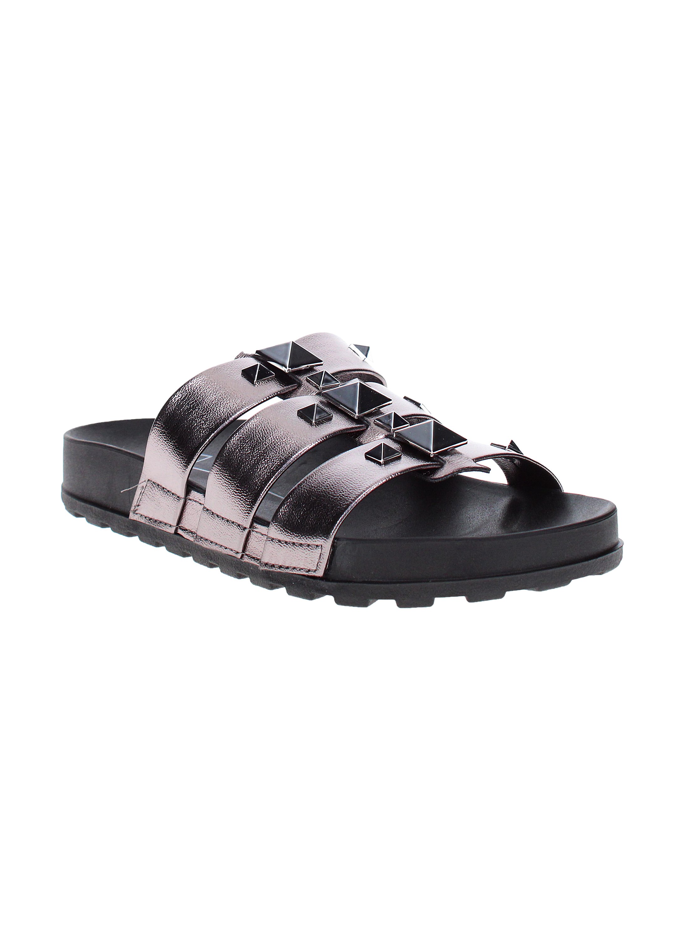 Grey Metallic Strap Comfort Sandals with Pyramid Studs 