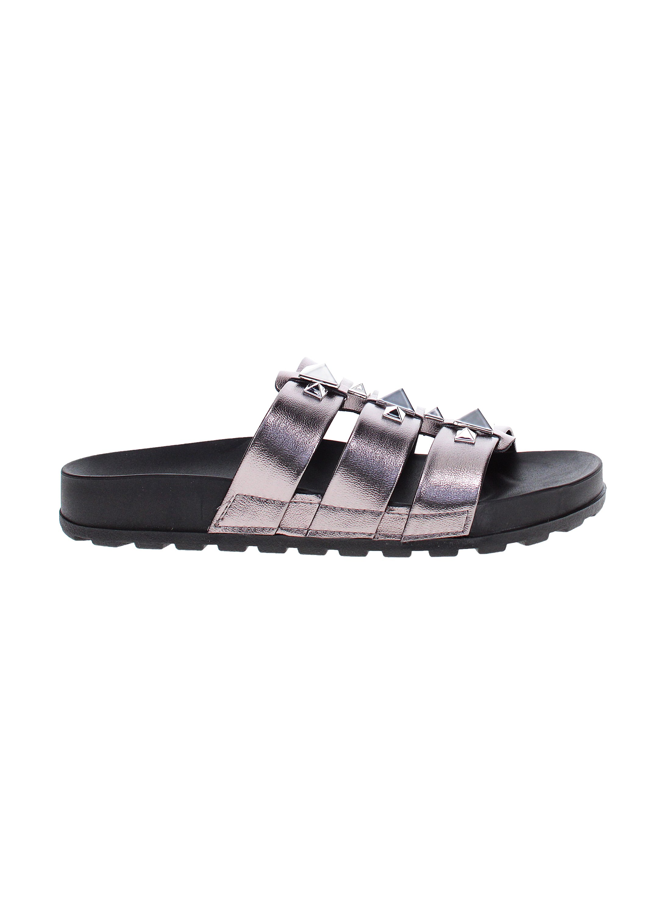 Grey Metallic Strap Comfort Sandals with Pyramid Studs 