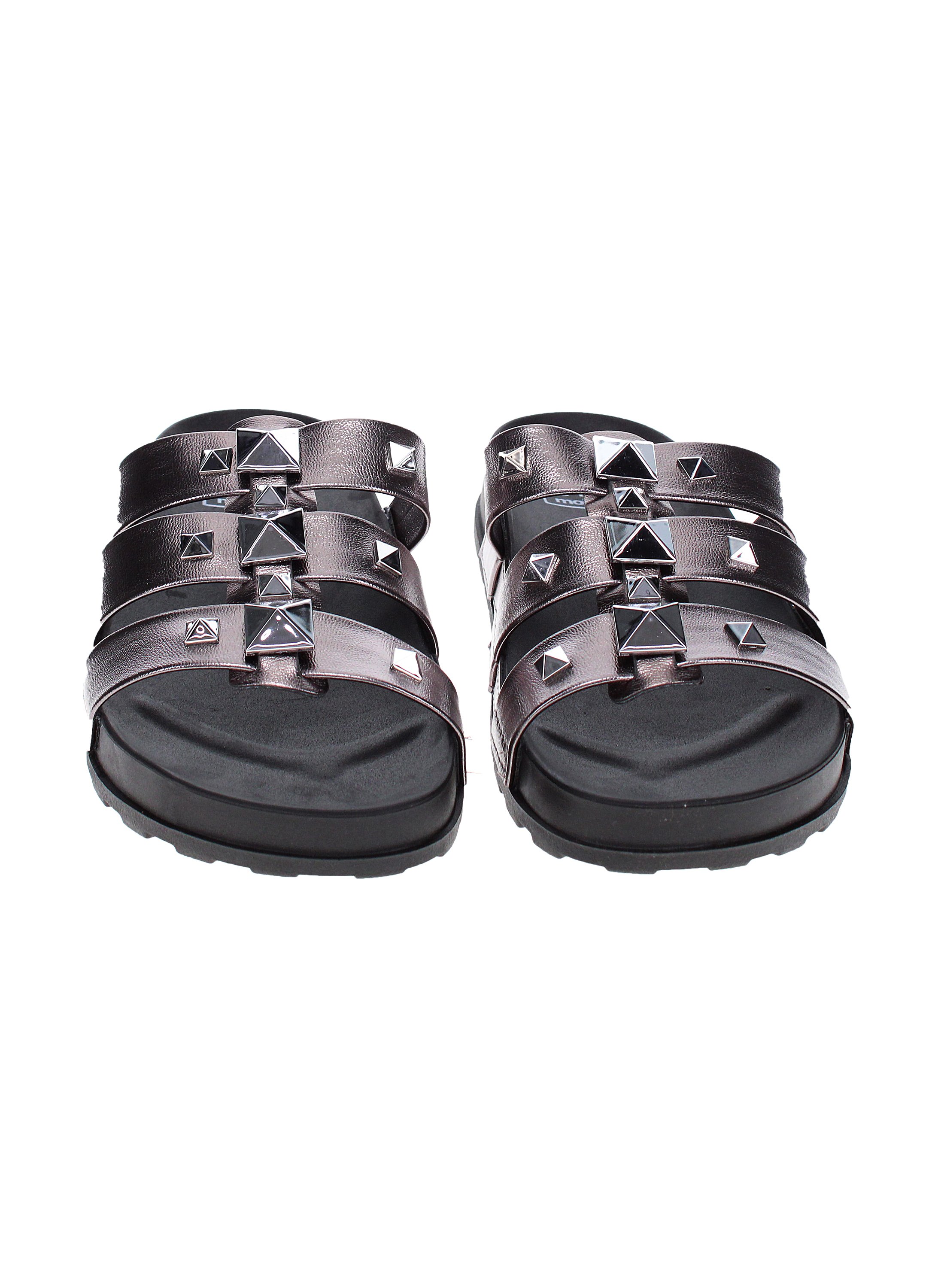 Grey Metallic Strap Comfort Sandals with Pyramid Studs 
