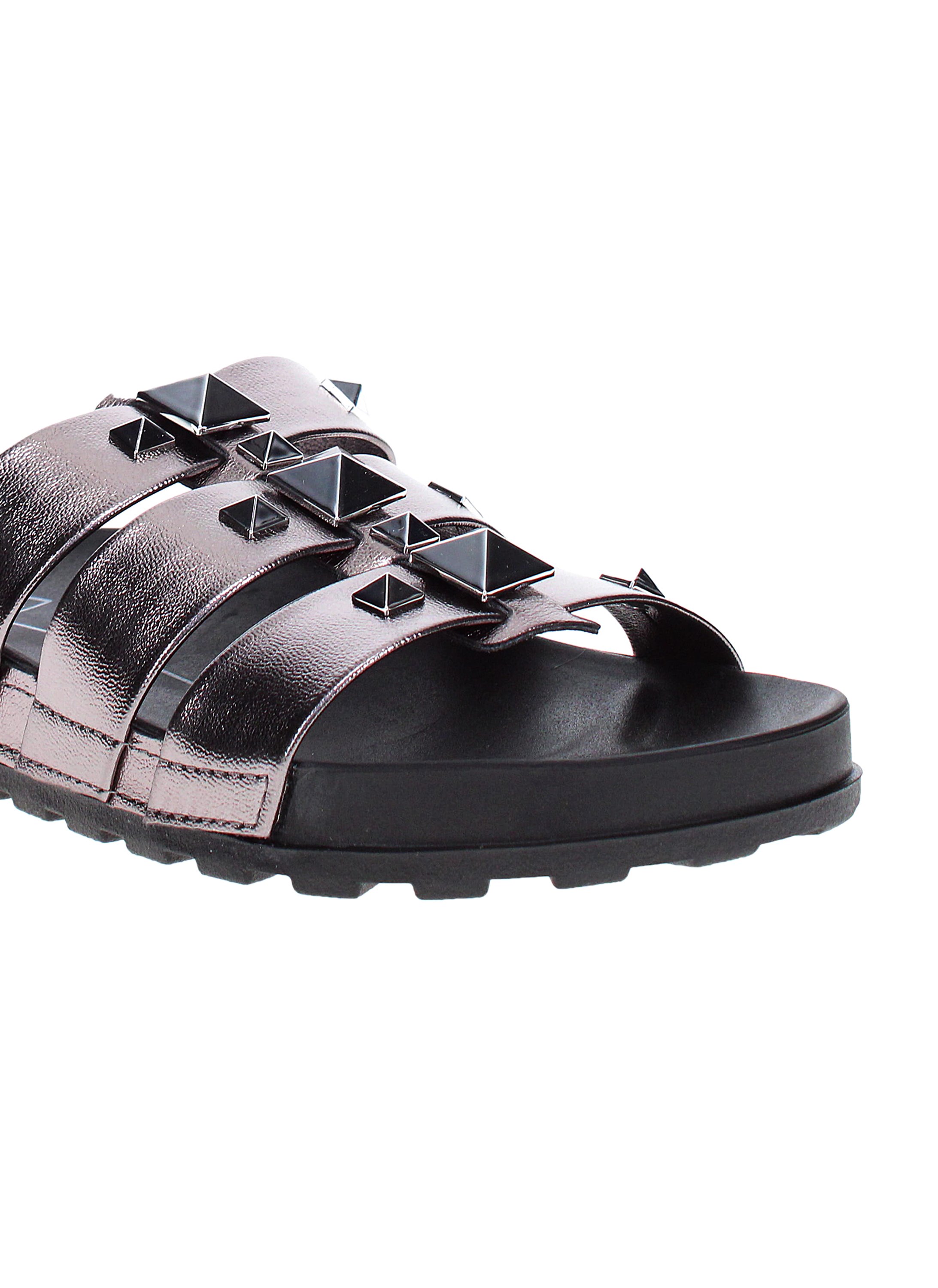 Grey Metallic Strap Comfort Sandals with Pyramid Studs 