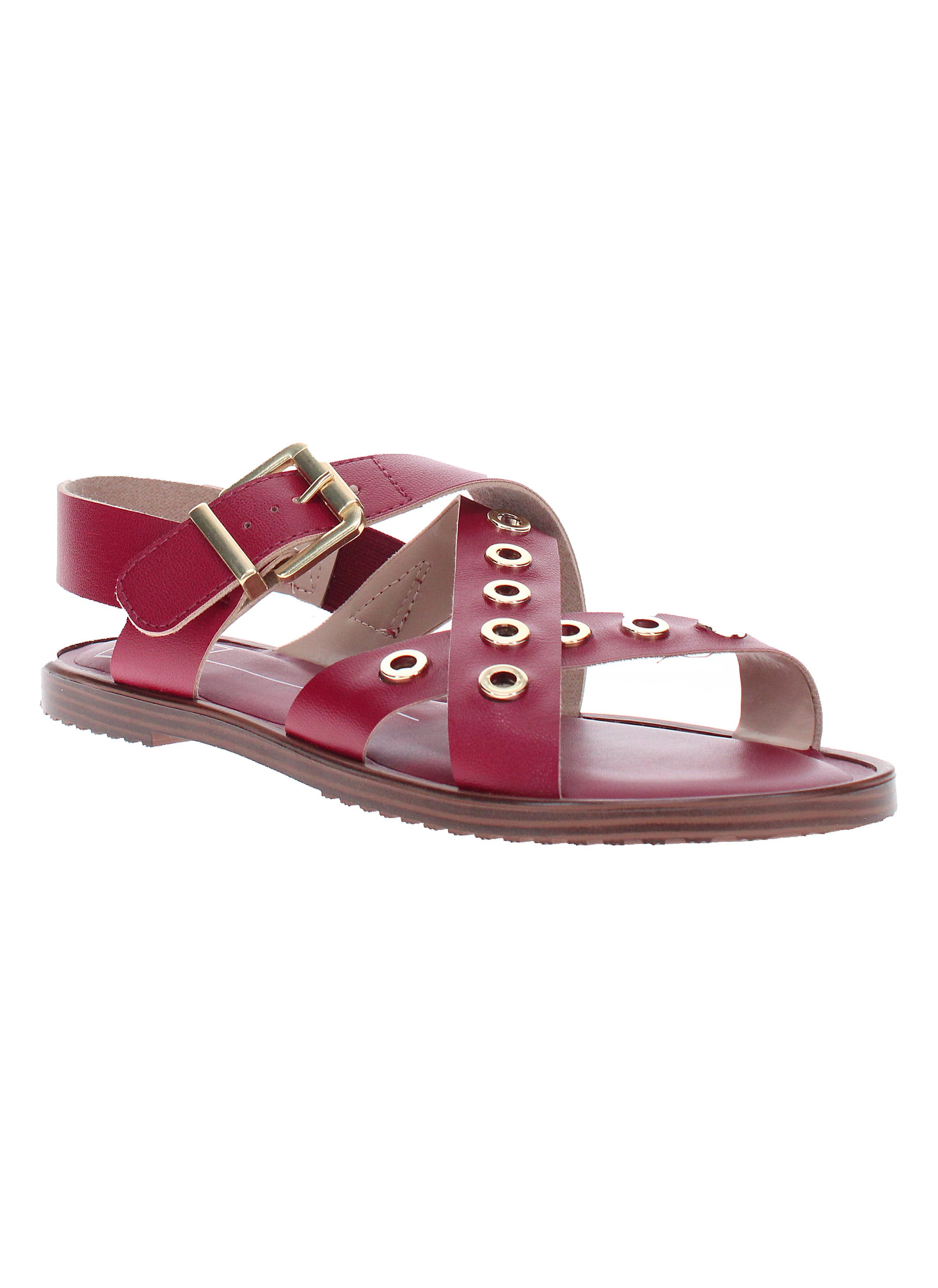 Red Rivet Detail Flat Sandals with Buckle Strap