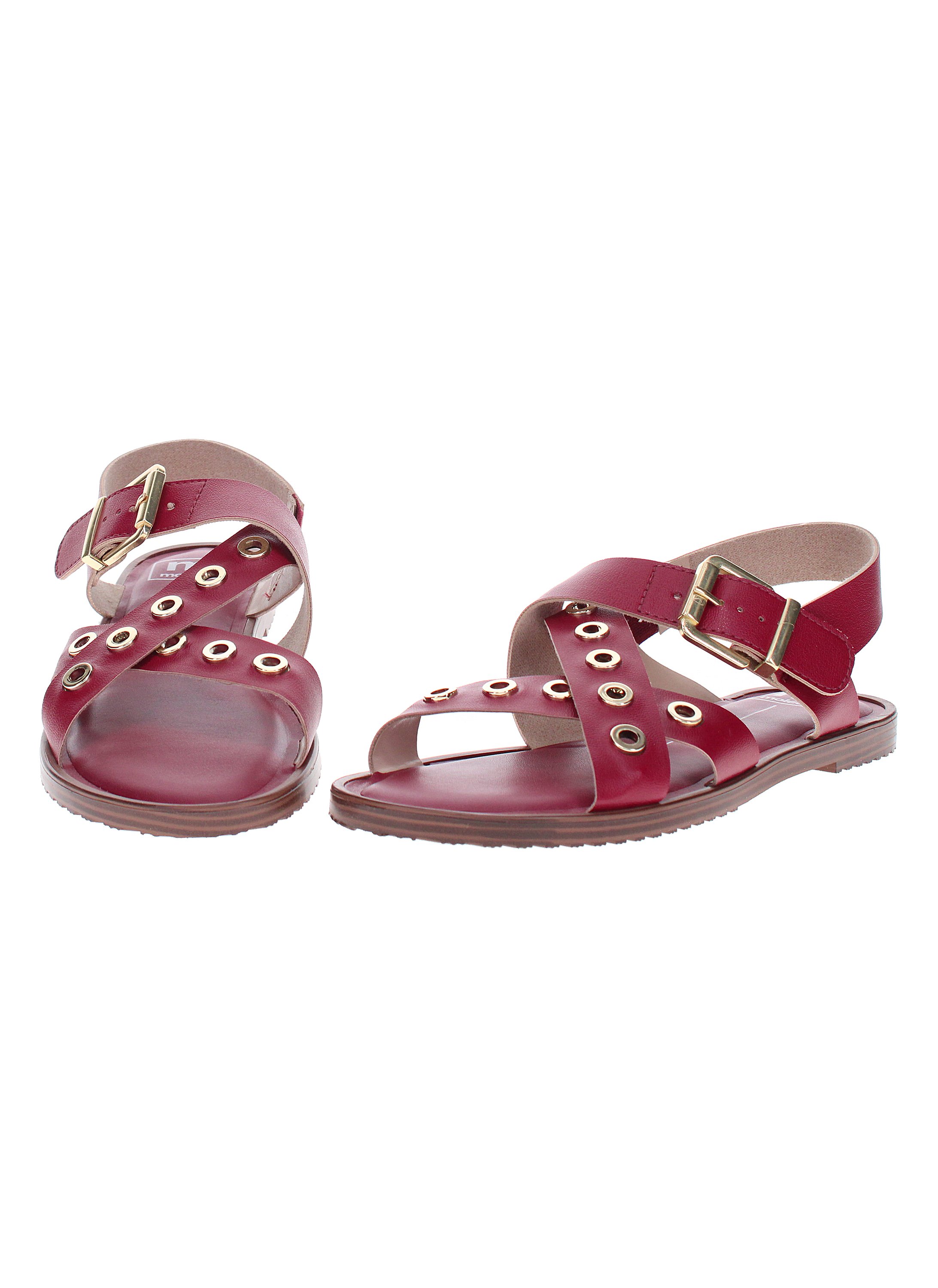 Red Rivet Detail Flat Sandals with Buckle Strap
