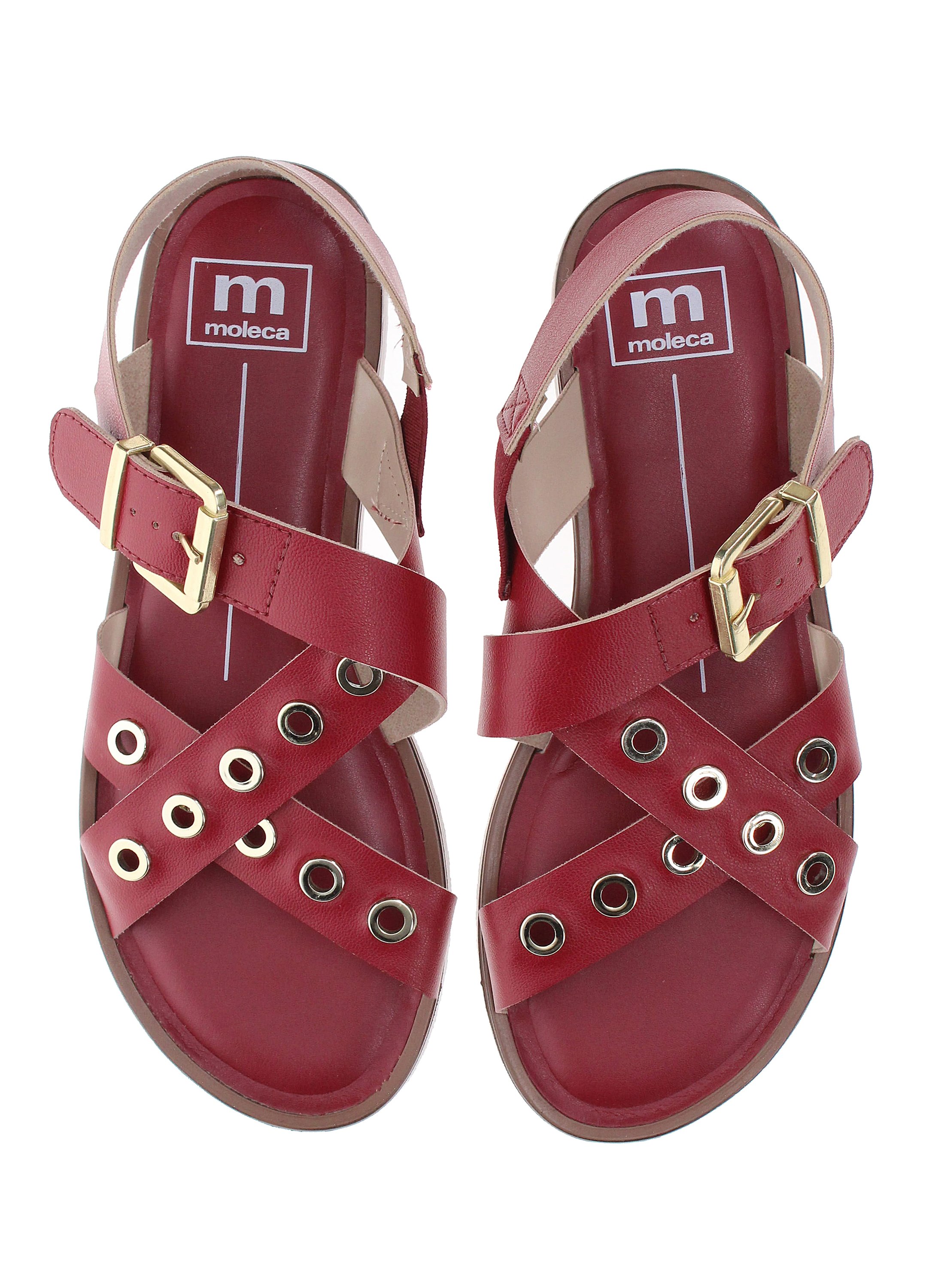 Red Rivet Detail Flat Sandals with Buckle Strap