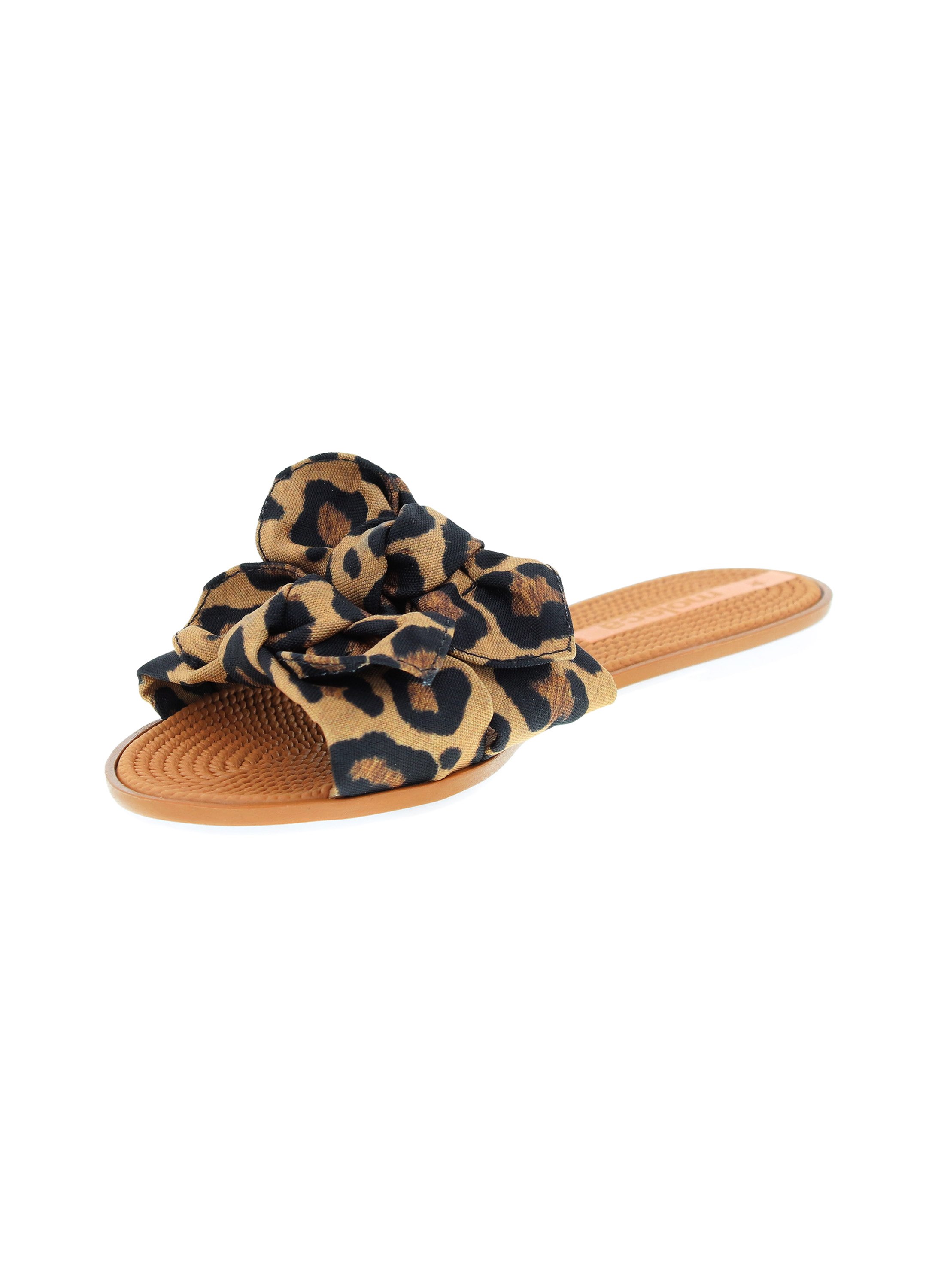 Brown Animal Print Bow Detail Flat Sandals 