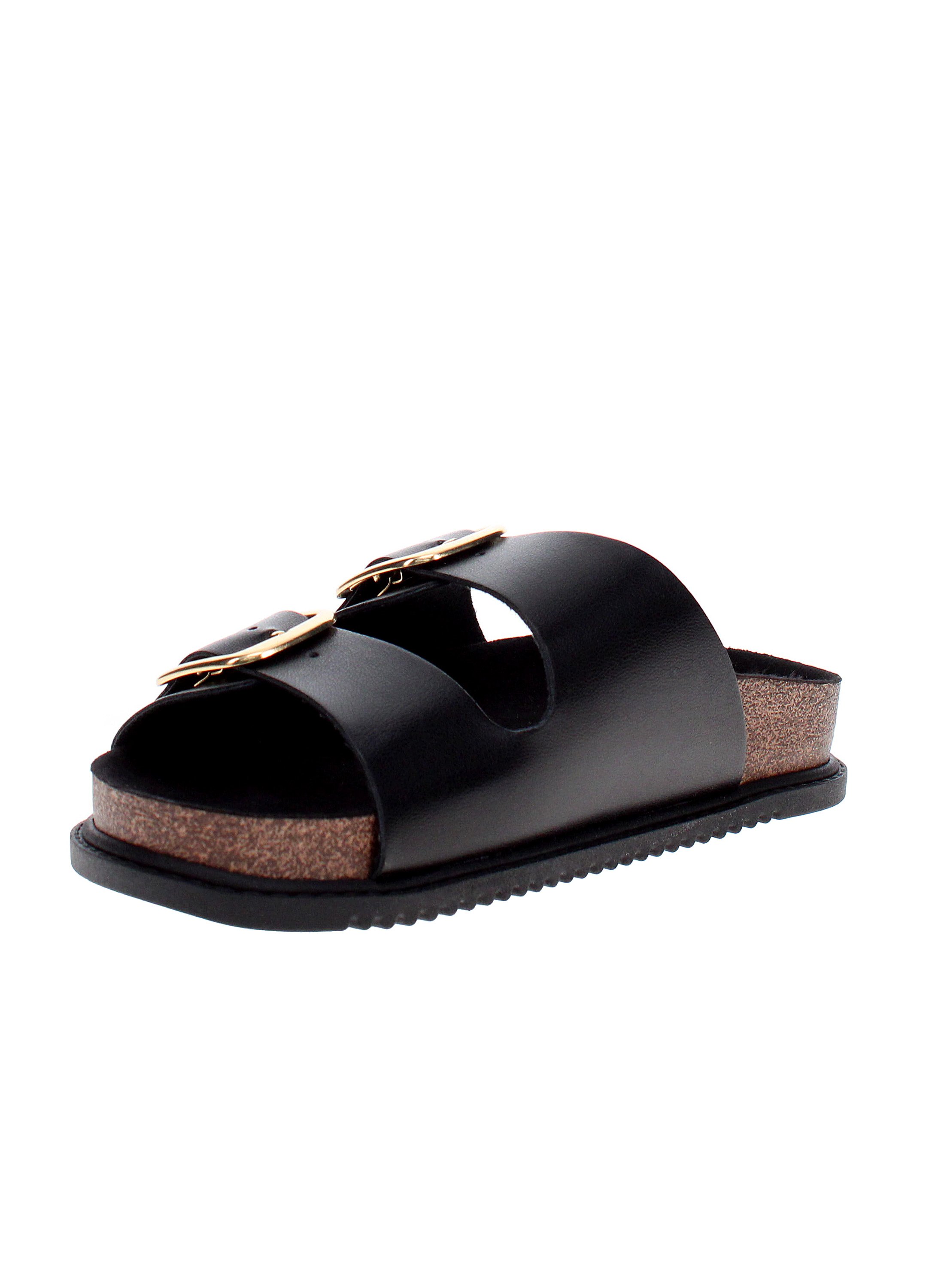 Black Buckle Slip-On Flat Sandals