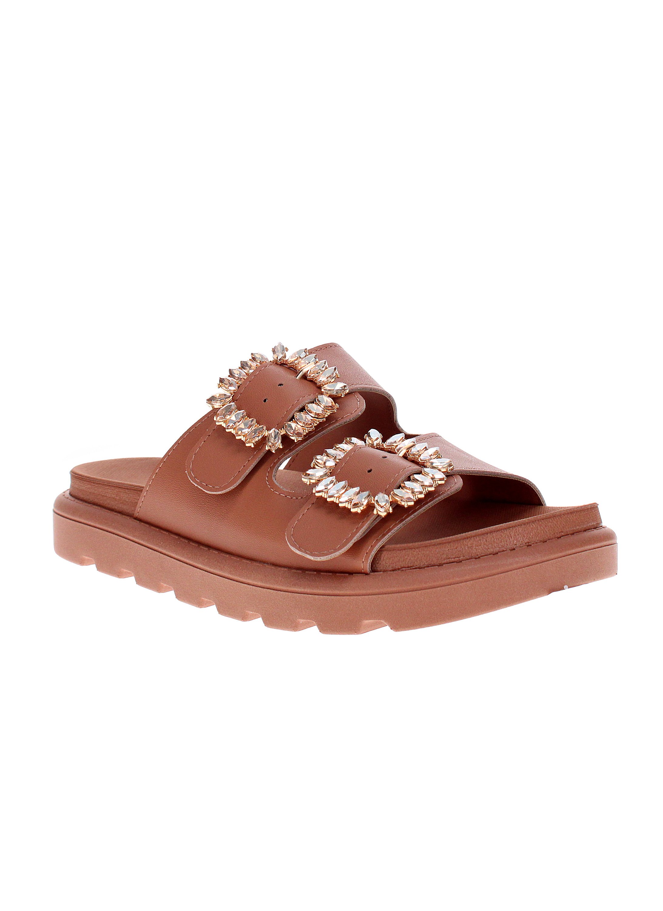 Brown Crystal-Buckle Flat Sandals
