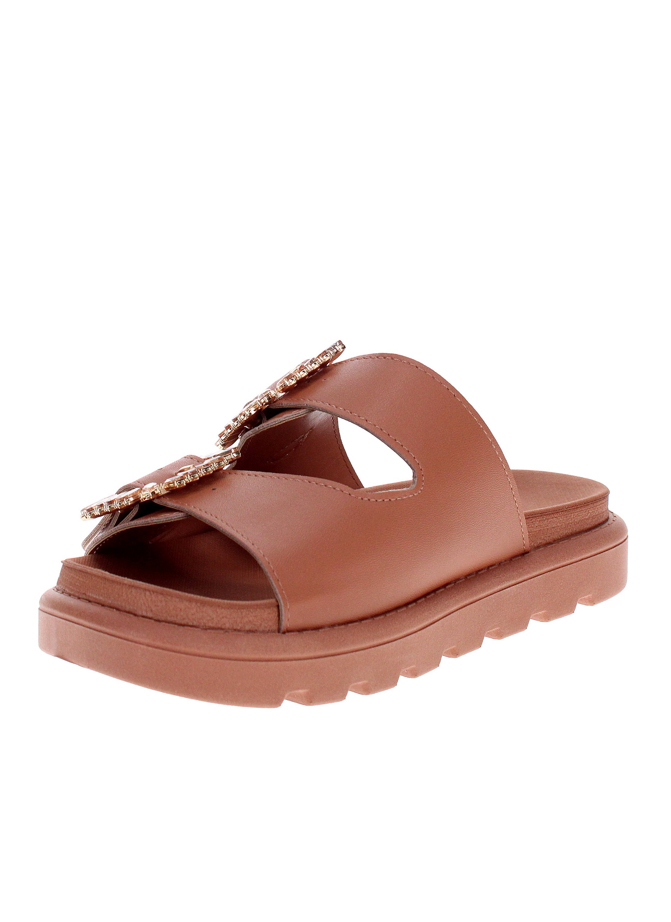 Brown Crystal-Buckle Flat Sandals