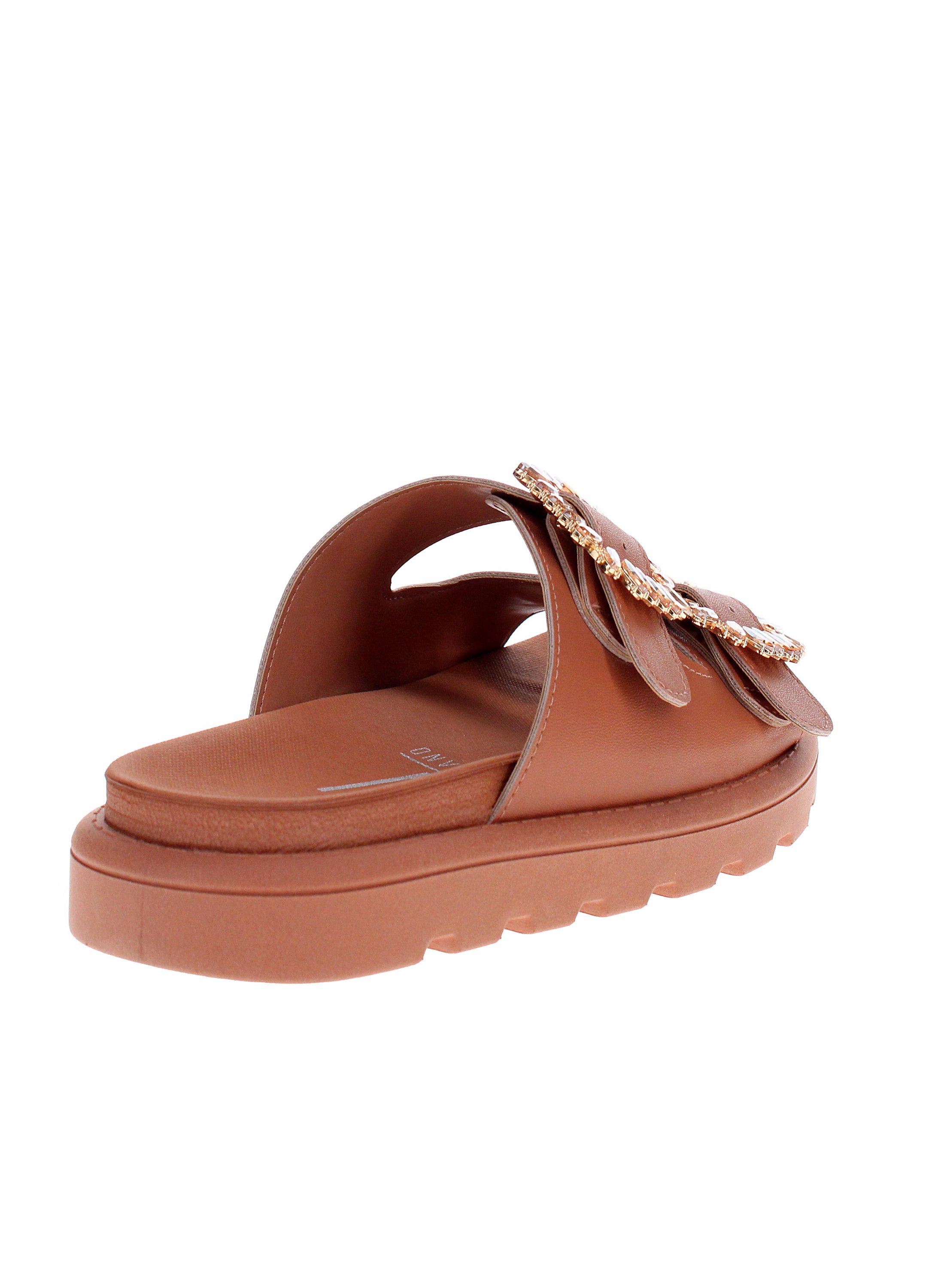 Brown Crystal-Buckle Flat Sandals