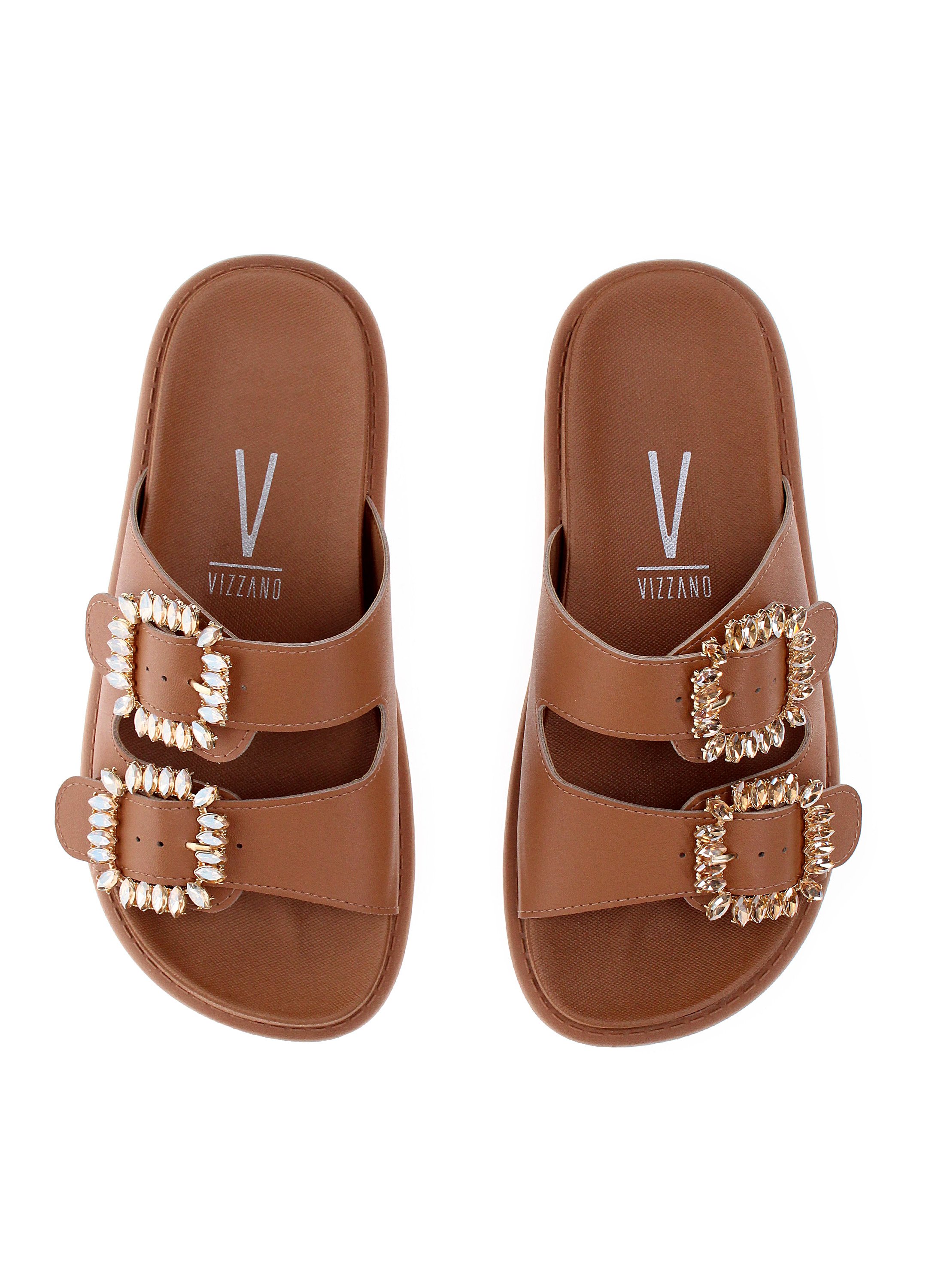 Brown Crystal-Buckle Flat Sandals