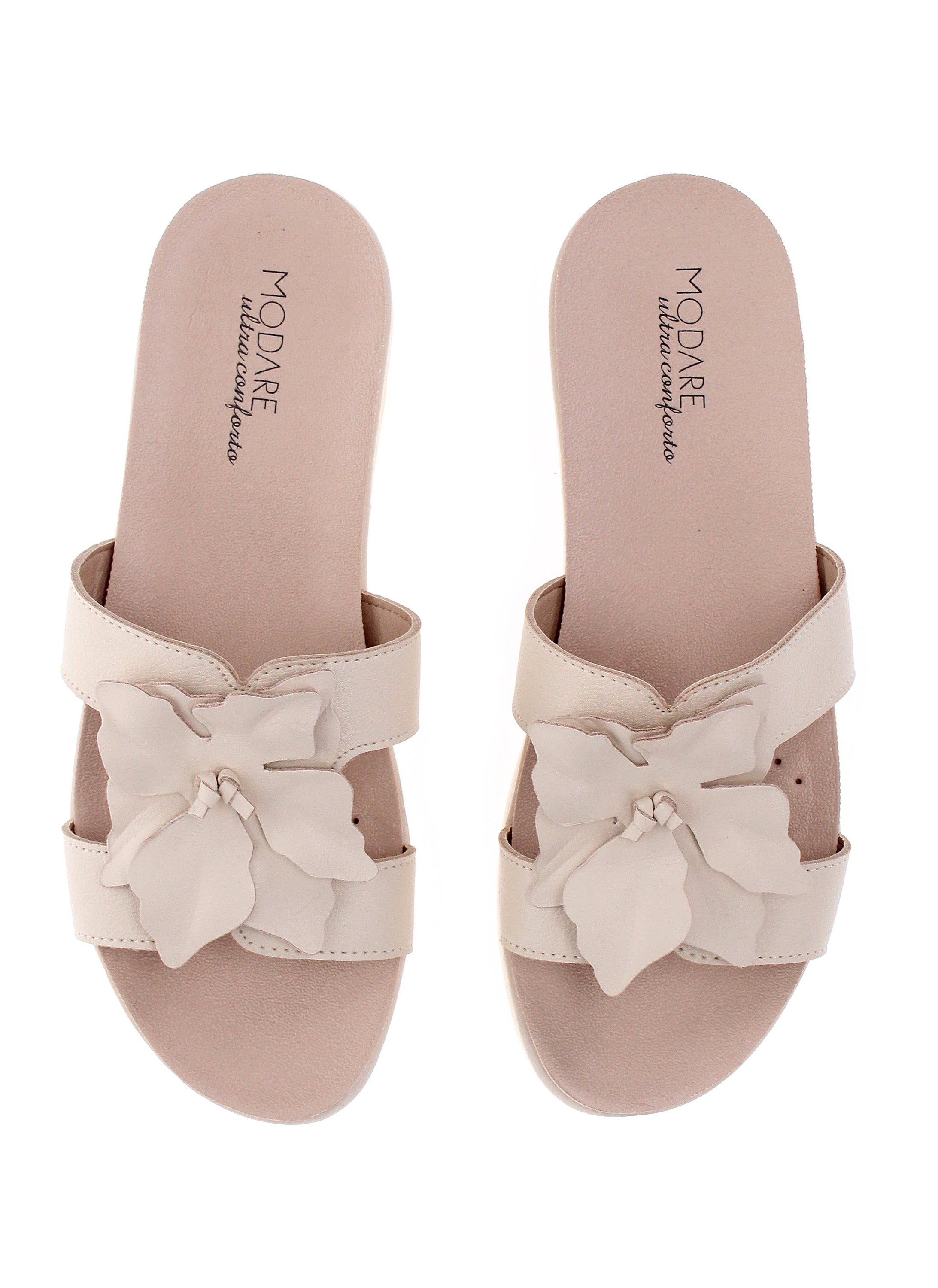 Beige Floral Slip-On Flat Sandals