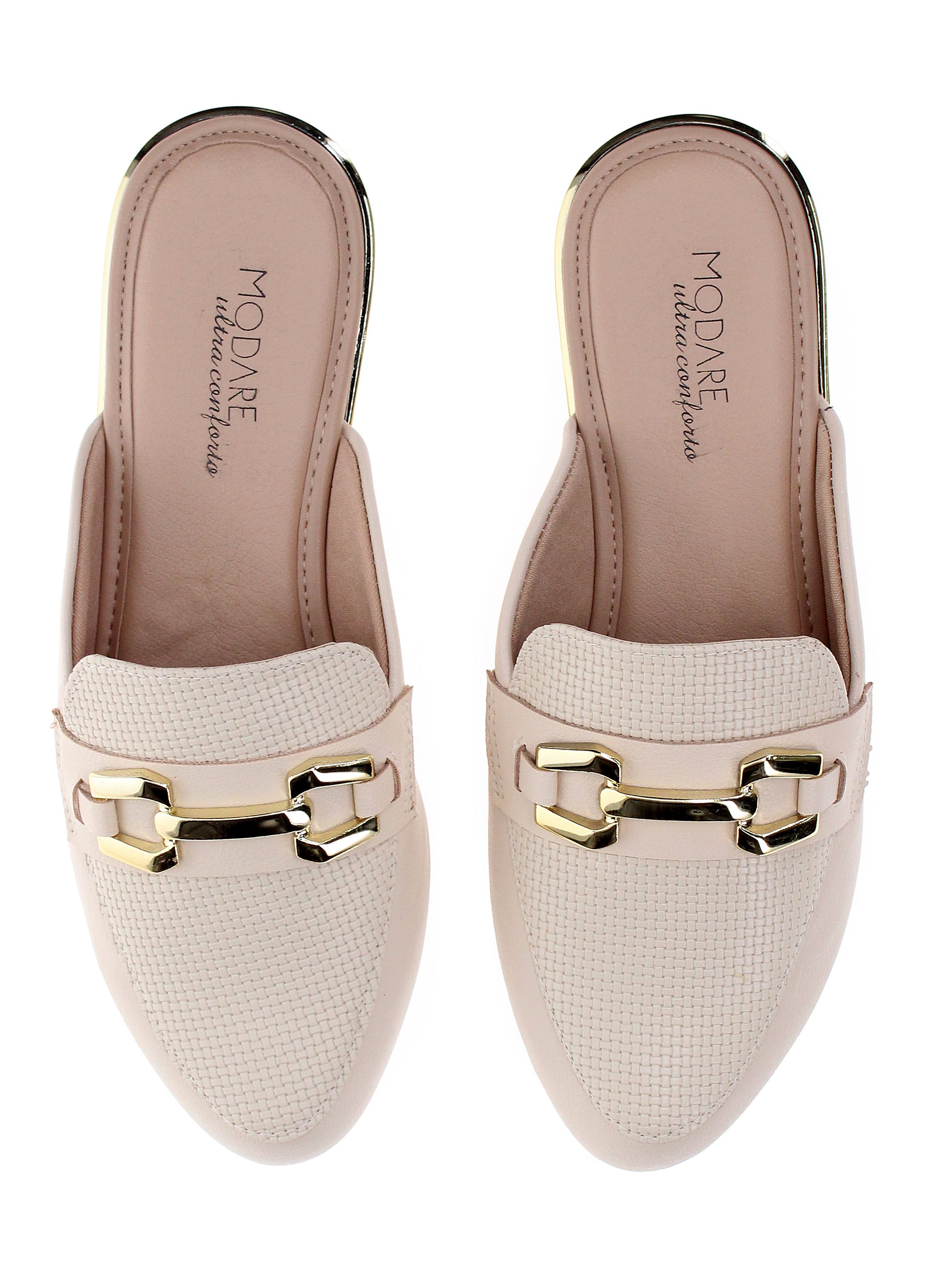 Beige Flat Mules with Gold Accent