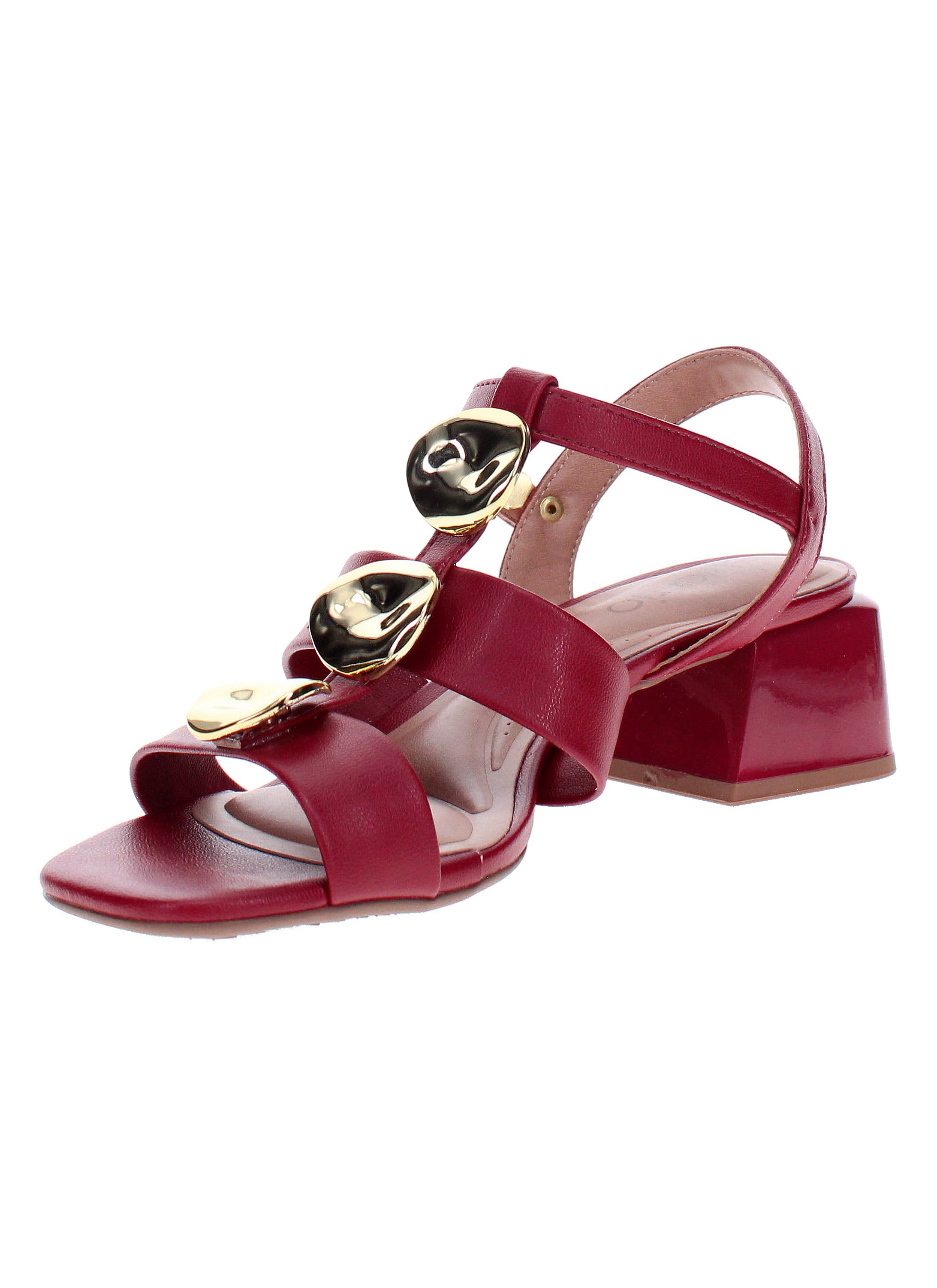 Red Block Heel Sandals with Metal Accents