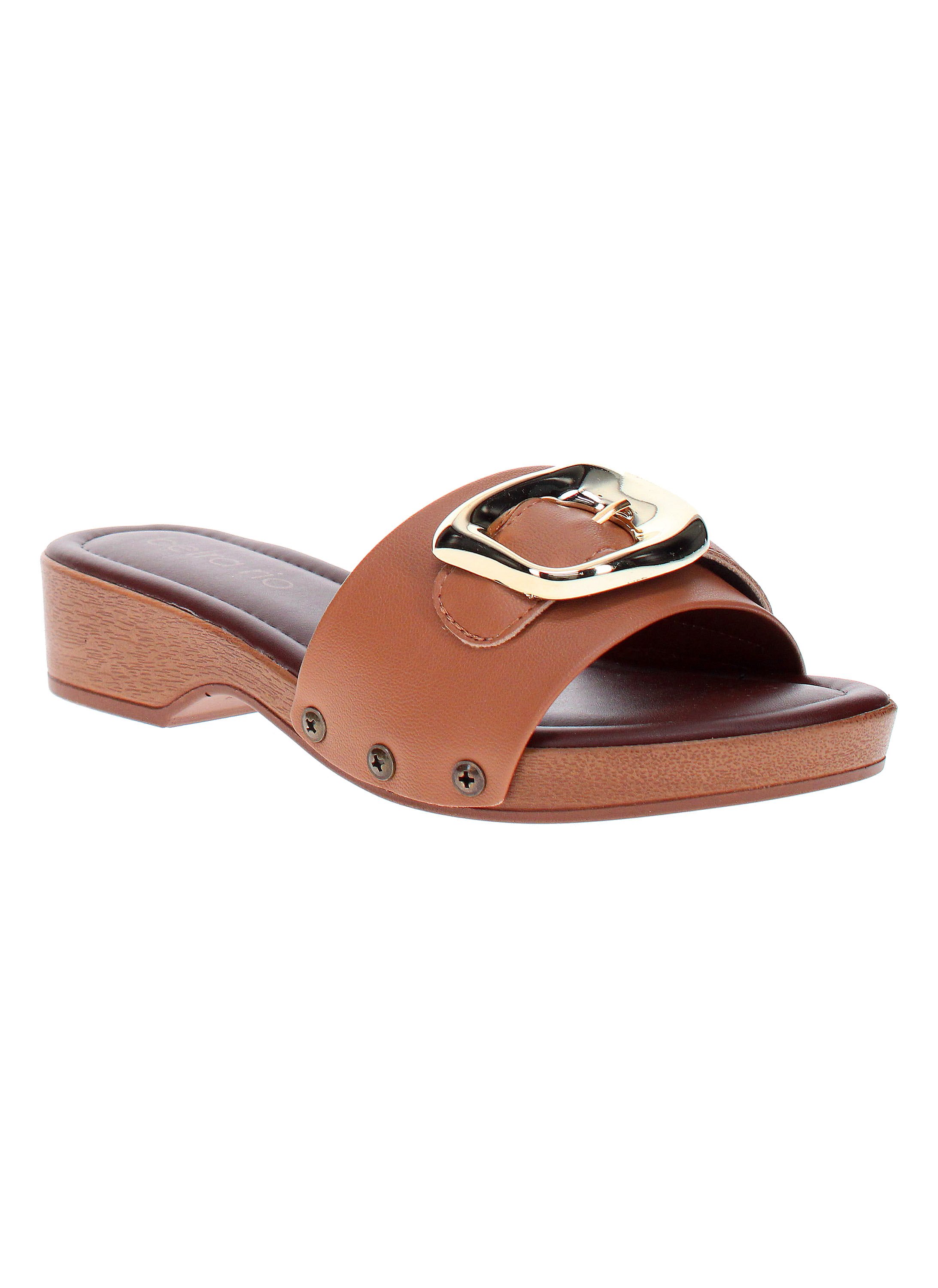 Tan Slip-On Sandals with Gold Buckle