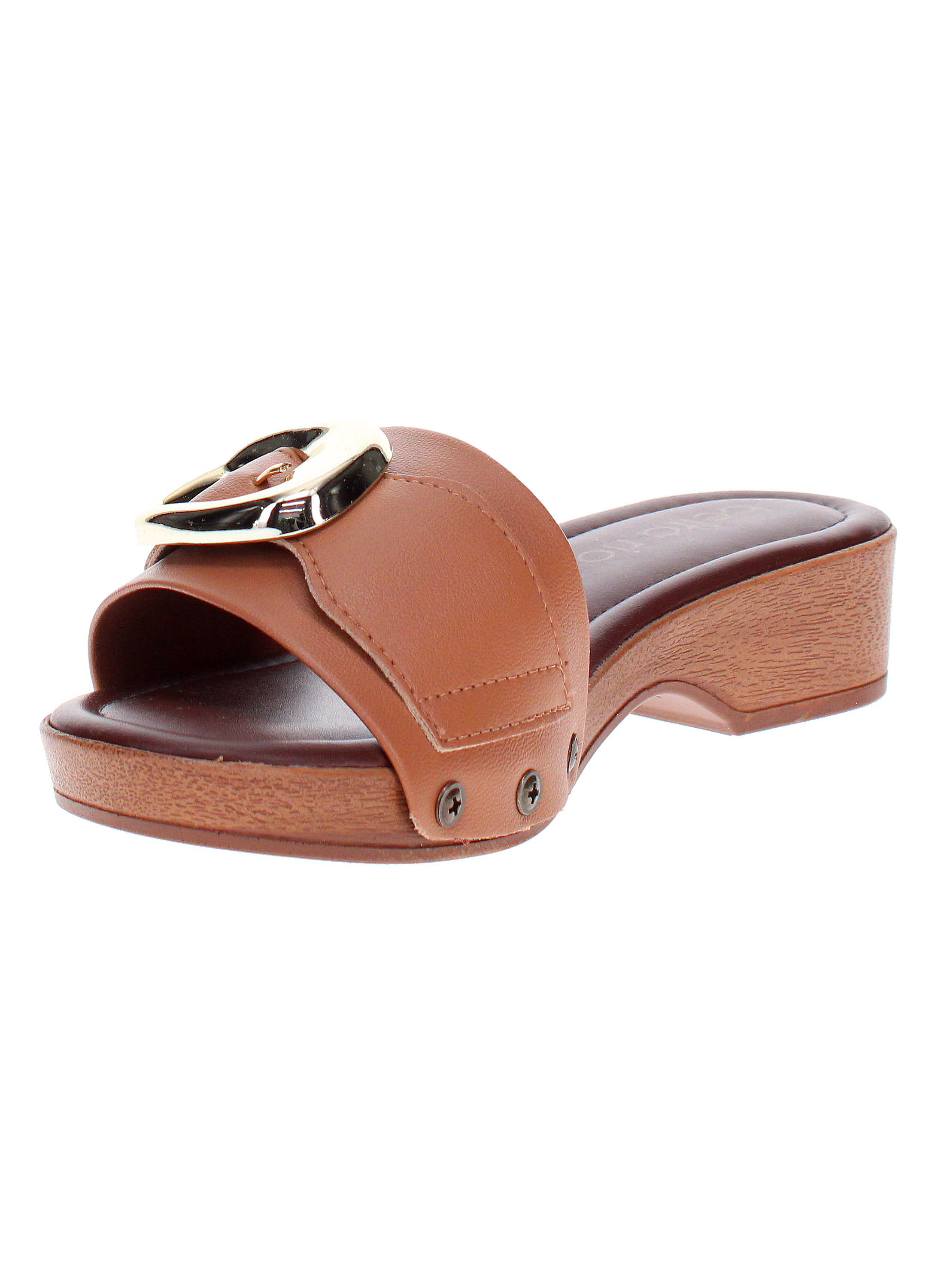 Tan Slip-On Sandals with Gold Buckle