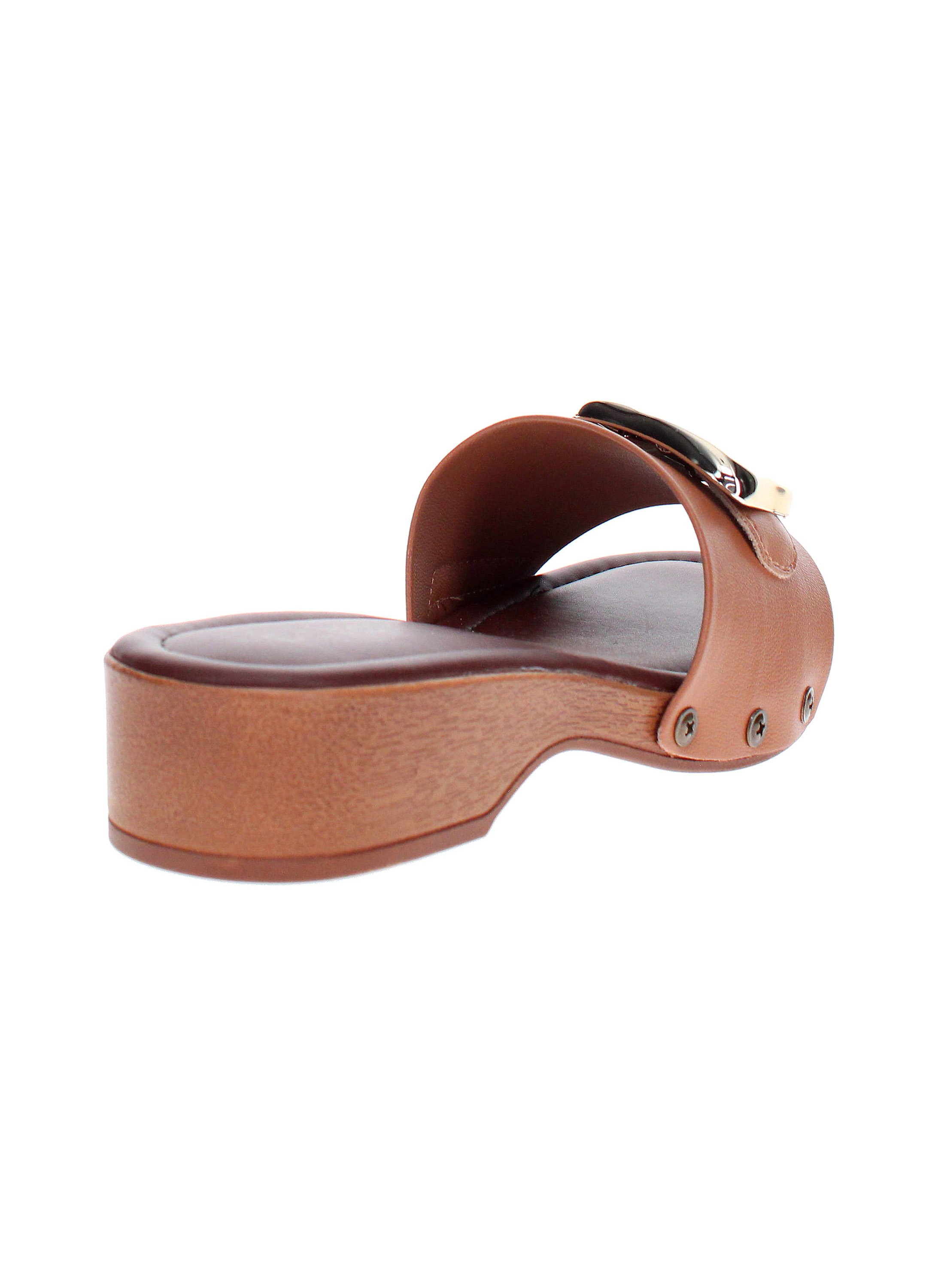 Tan Slip-On Sandals with Gold Buckle