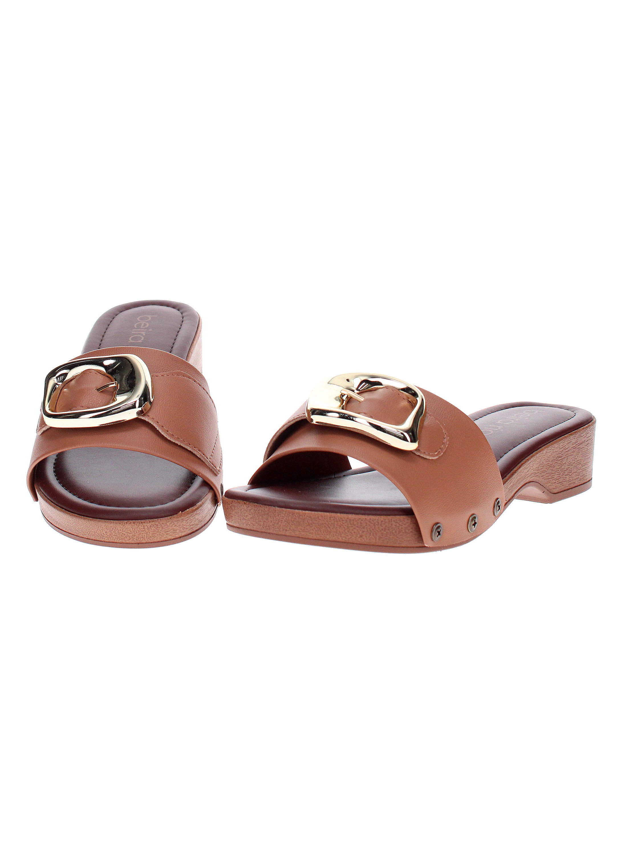 Tan Slip-On Sandals with Gold Buckle