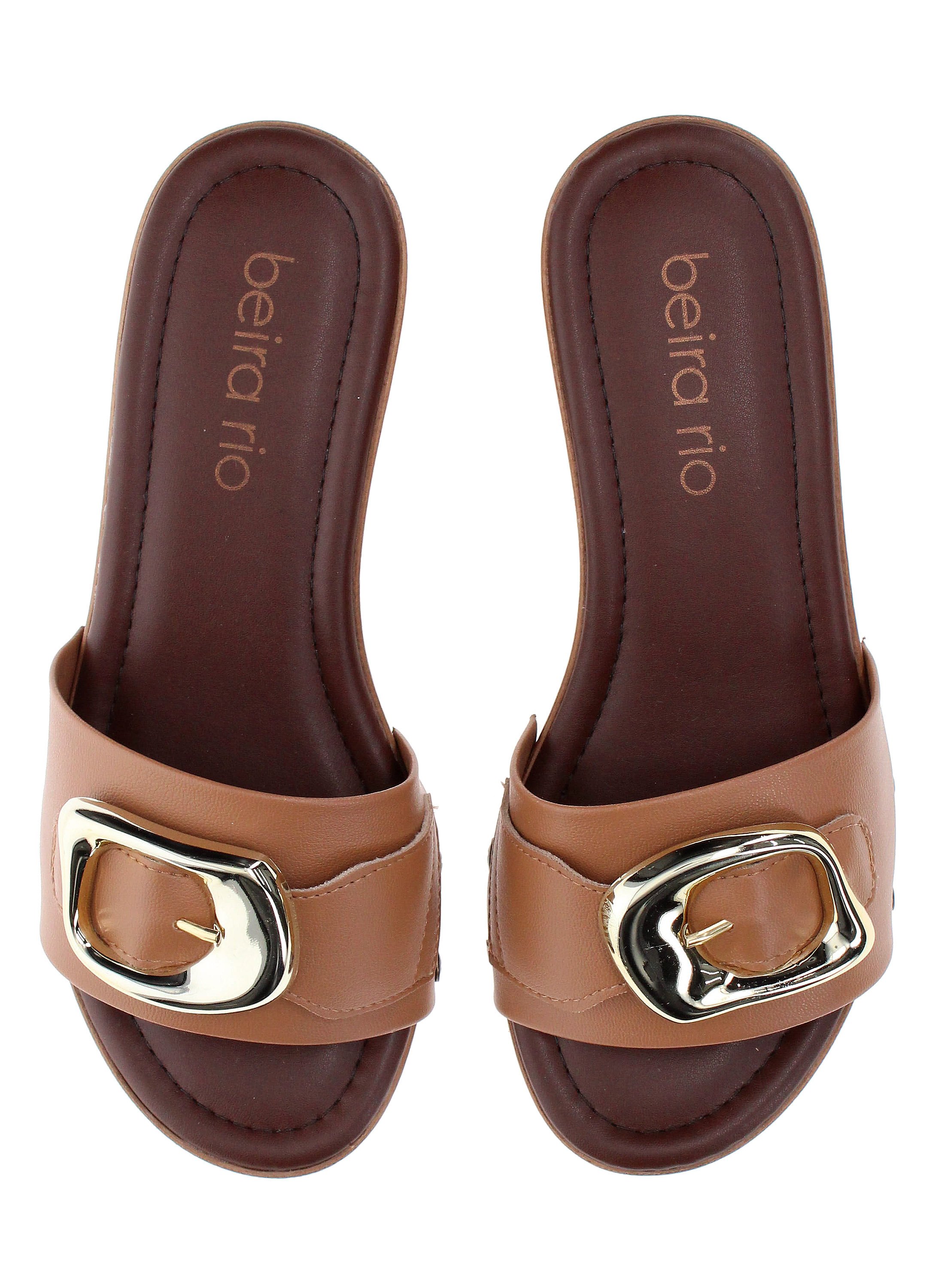 Tan Slip-On Sandals with Gold Buckle