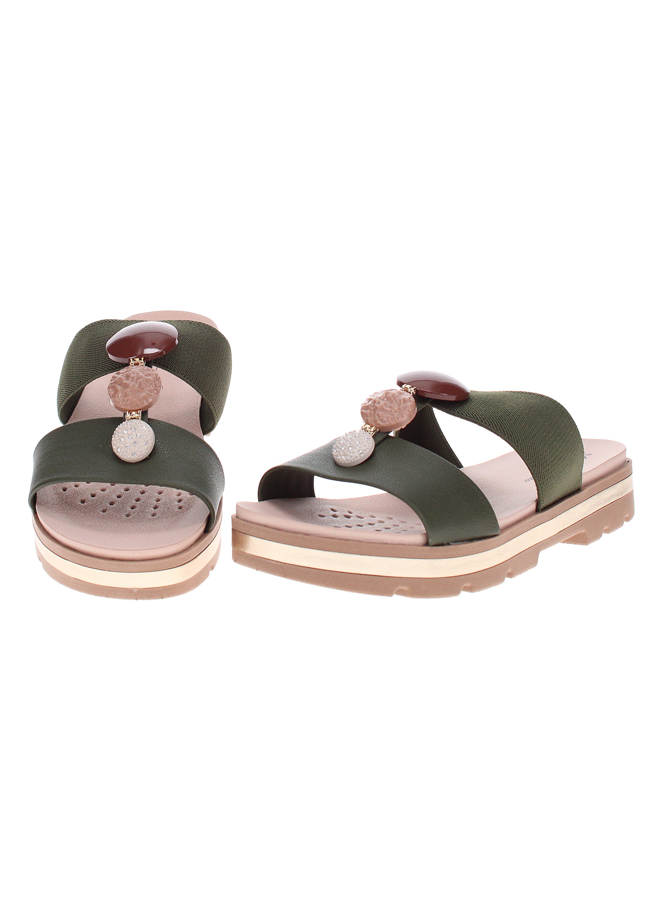 Green Slip-On Flat Sandals with Embellishments