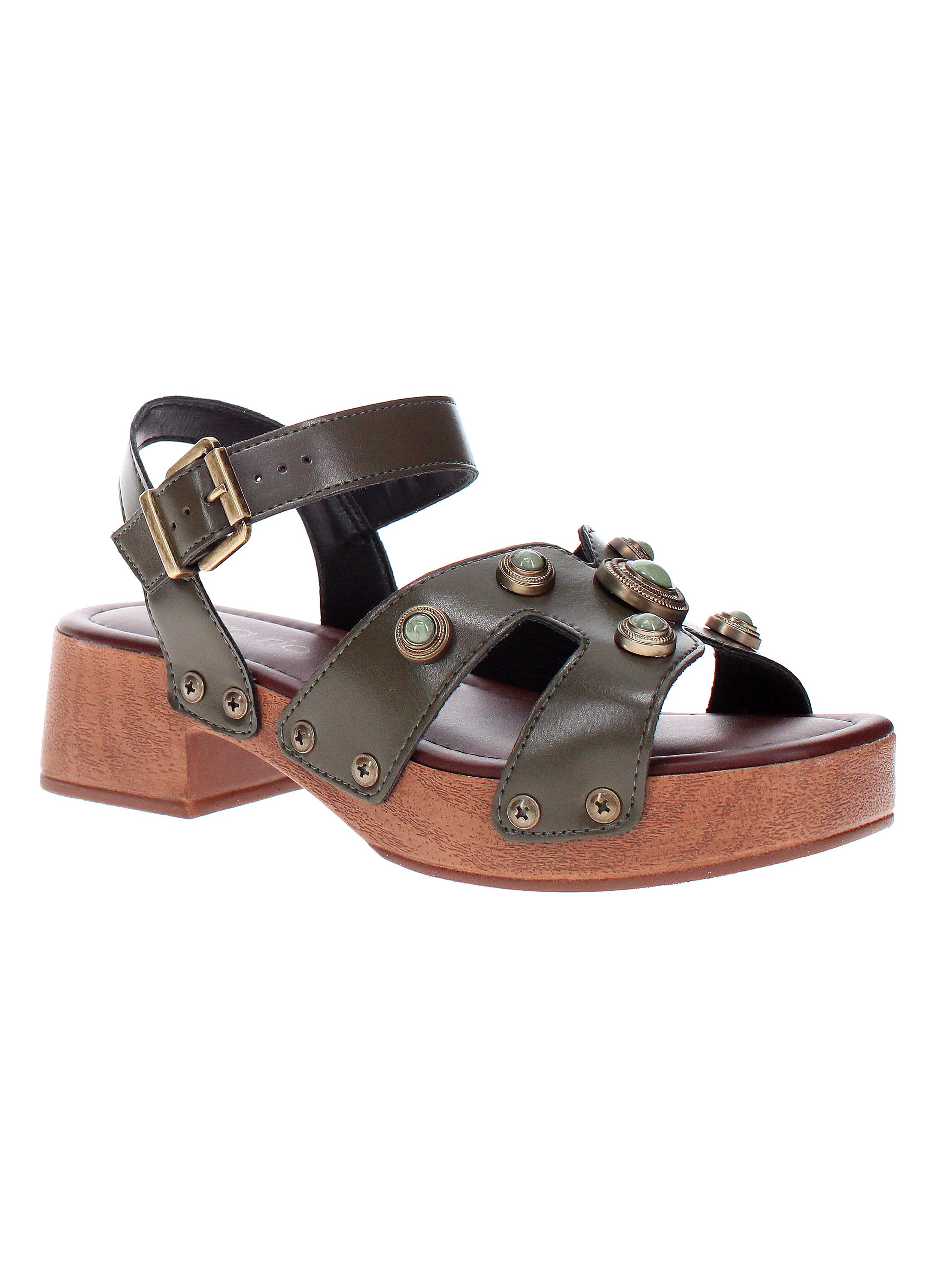 Olive Green Ankle Strap Sandals with Embellishments