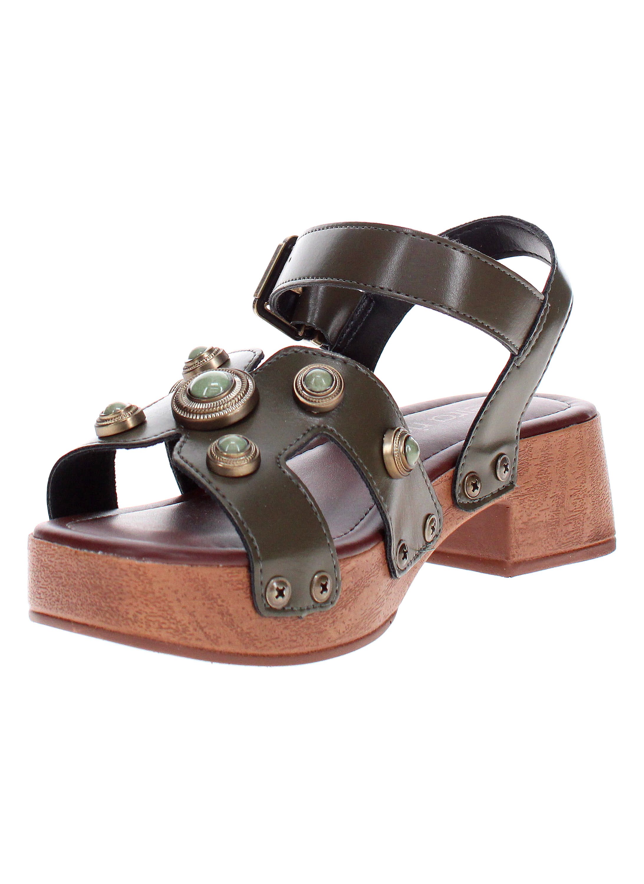 Olive Green Ankle Strap Sandals with Embellishments