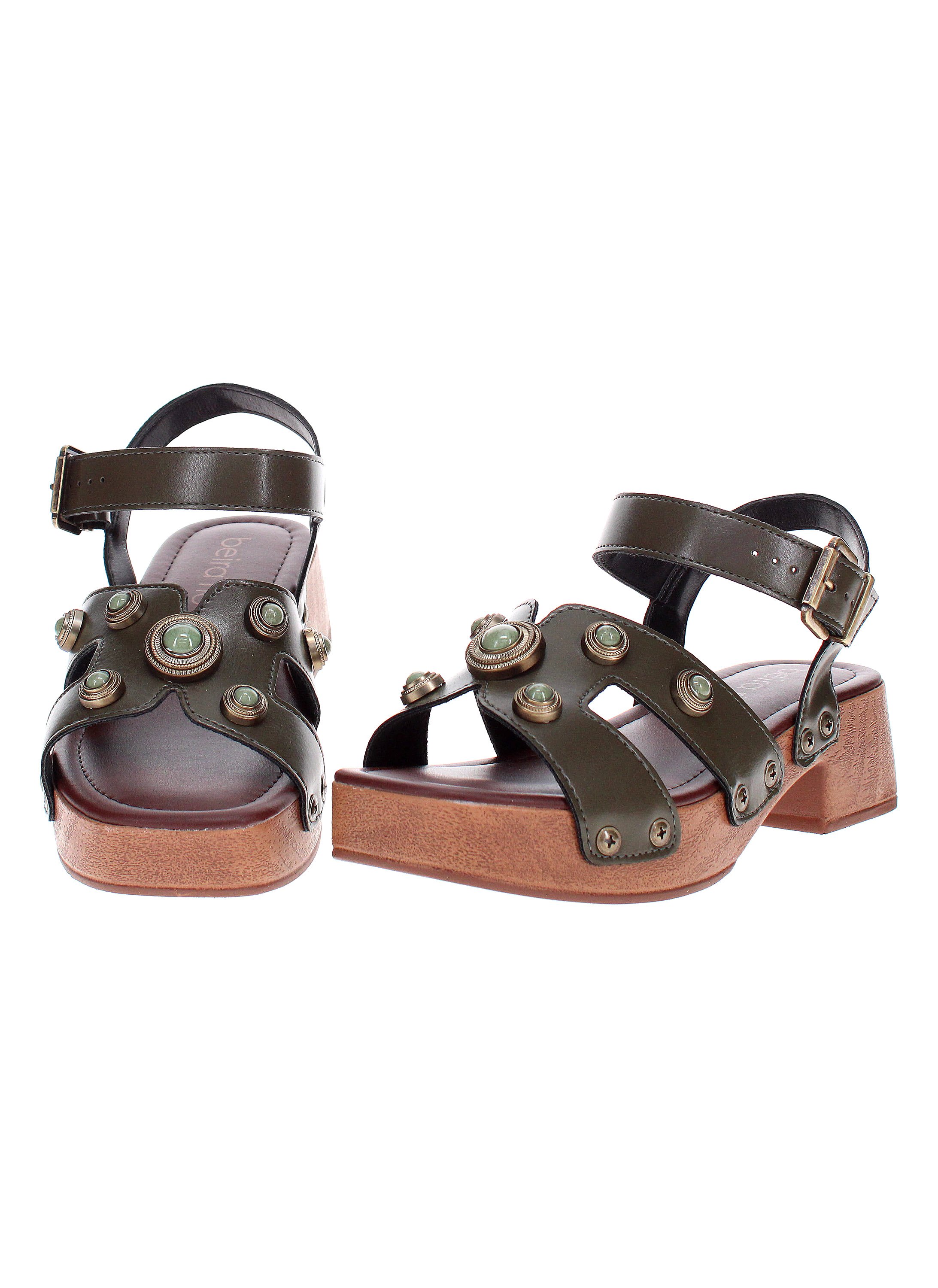 Olive Green Ankle Strap Sandals with Embellishments