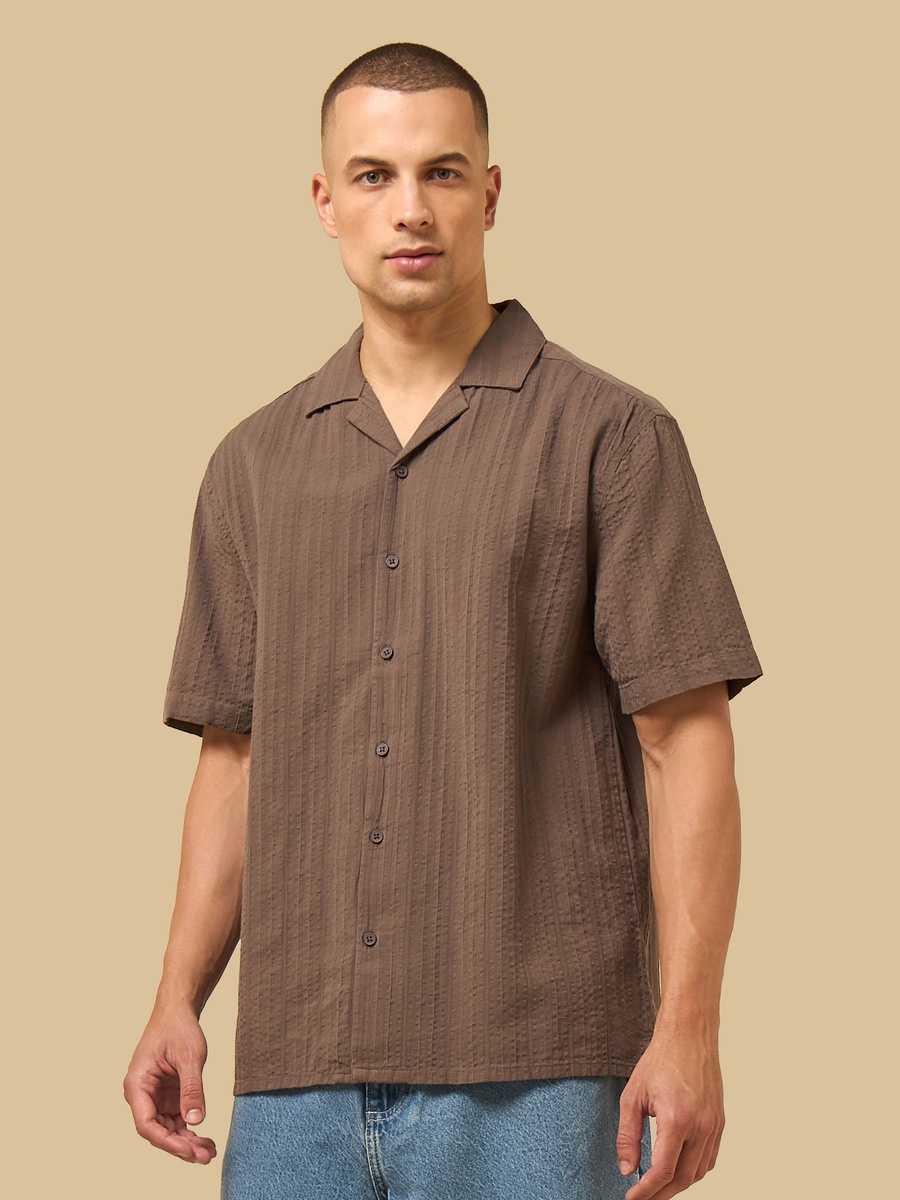Textured Relaxed Fit Shirt with Camp Collar